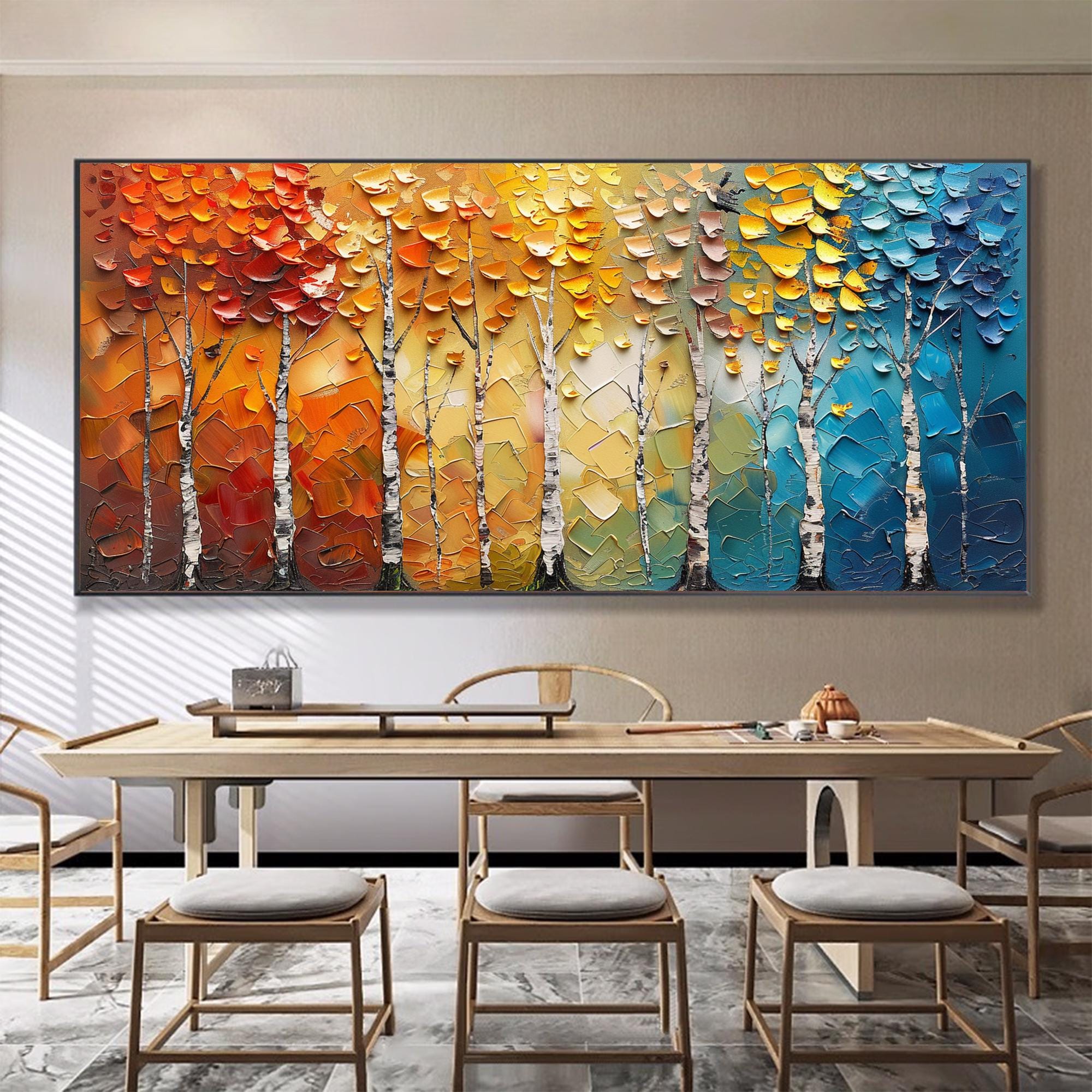 Colorful Birch Tree Wall Art | Large Textured Landscape Painting #ZZ 092