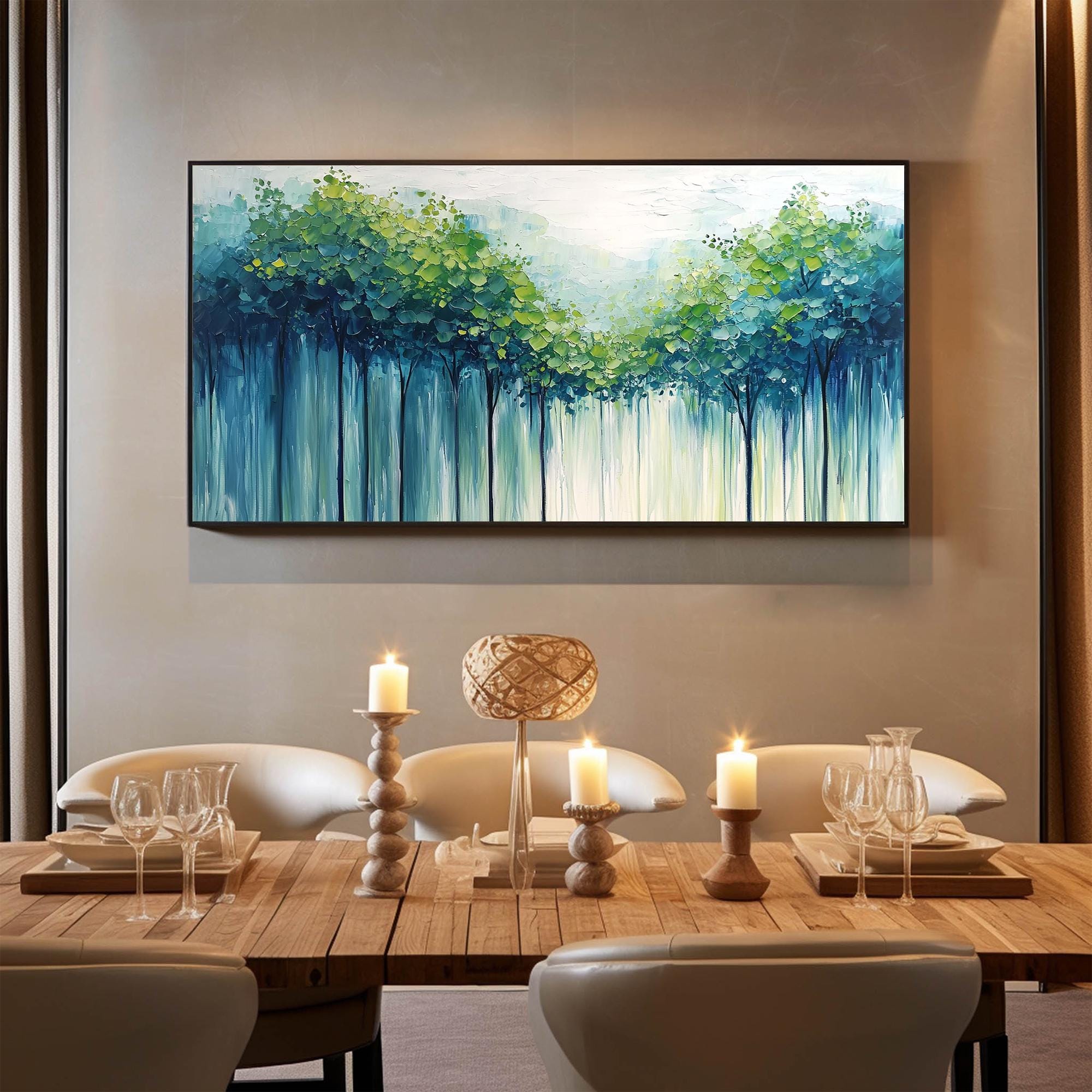 Large Textured Artwork | Horizontal Green Forest Canvas Painting Decor #ZZ 098