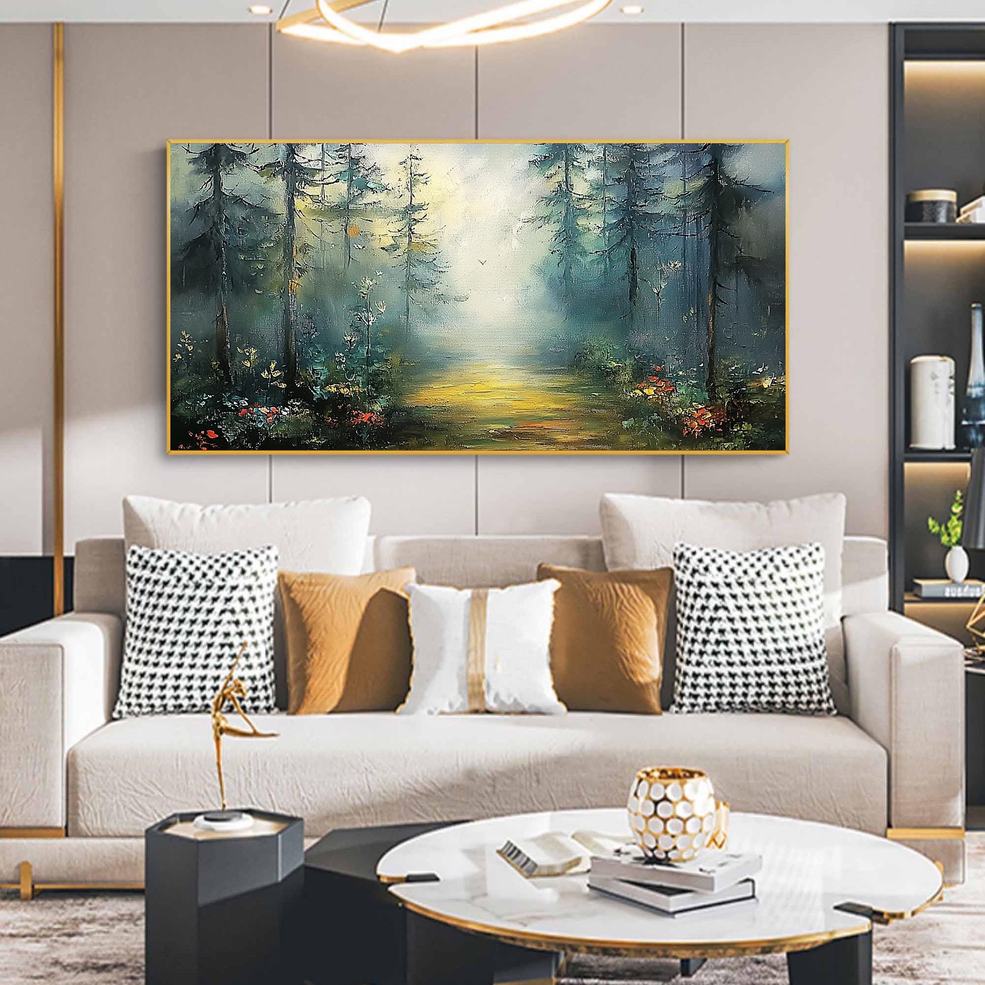 Misty Forest Path Wall Art | Large Horizontal Landscape Painting for Bedroom #ZZ 101
