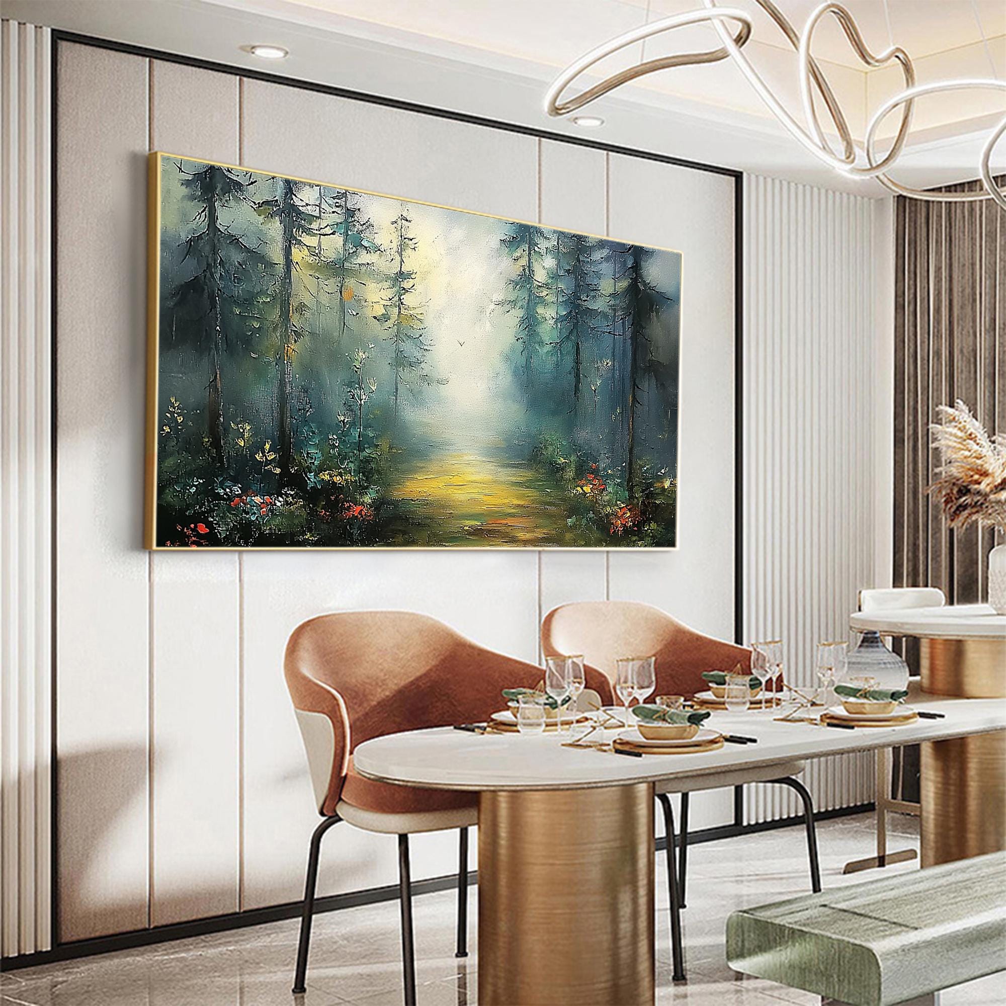 Misty Forest Path Wall Art | Large Horizontal Landscape Painting for Bedroom #ZZ 101