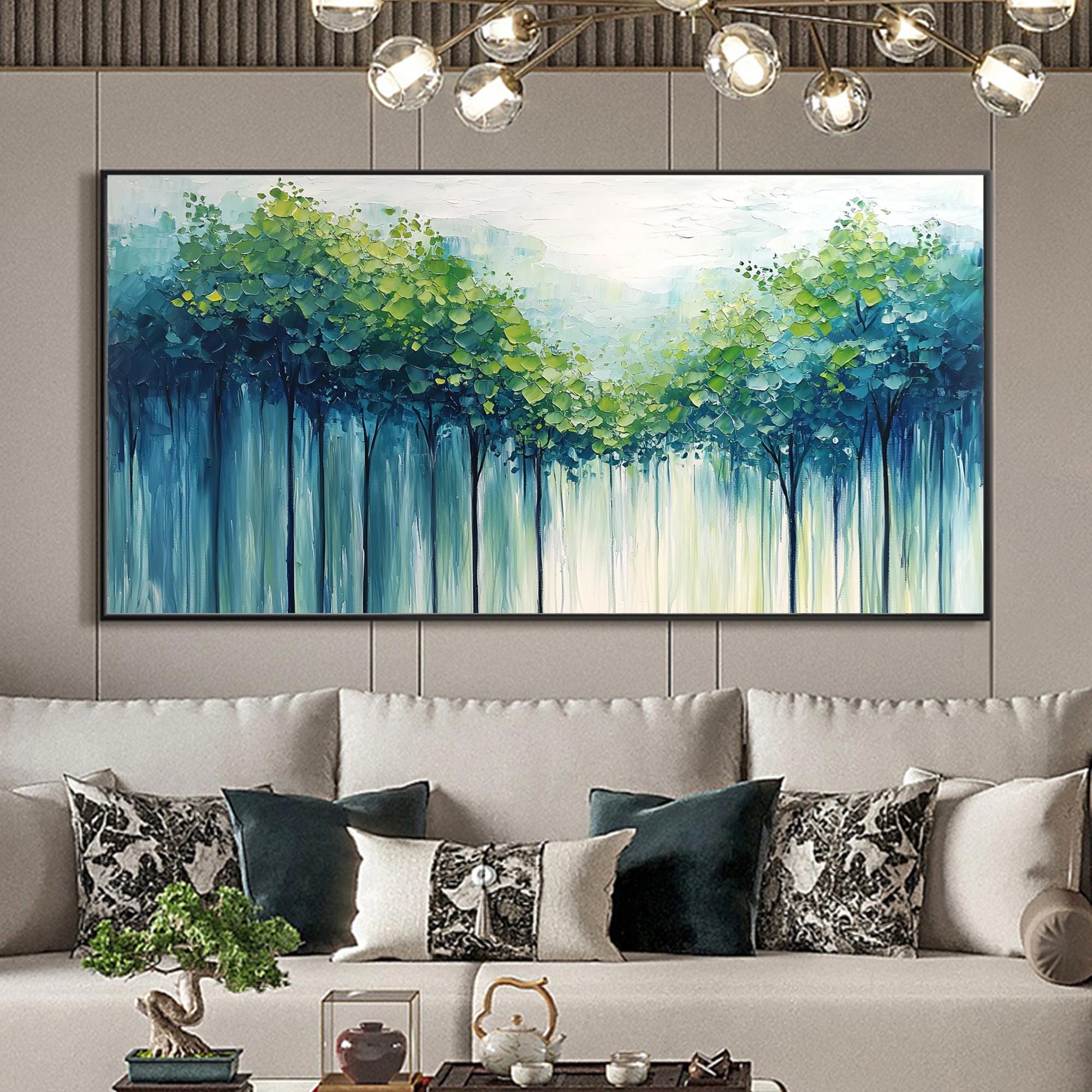 Large Textured Artwork | Horizontal Green Forest Canvas Painting Decor #ZZ 098