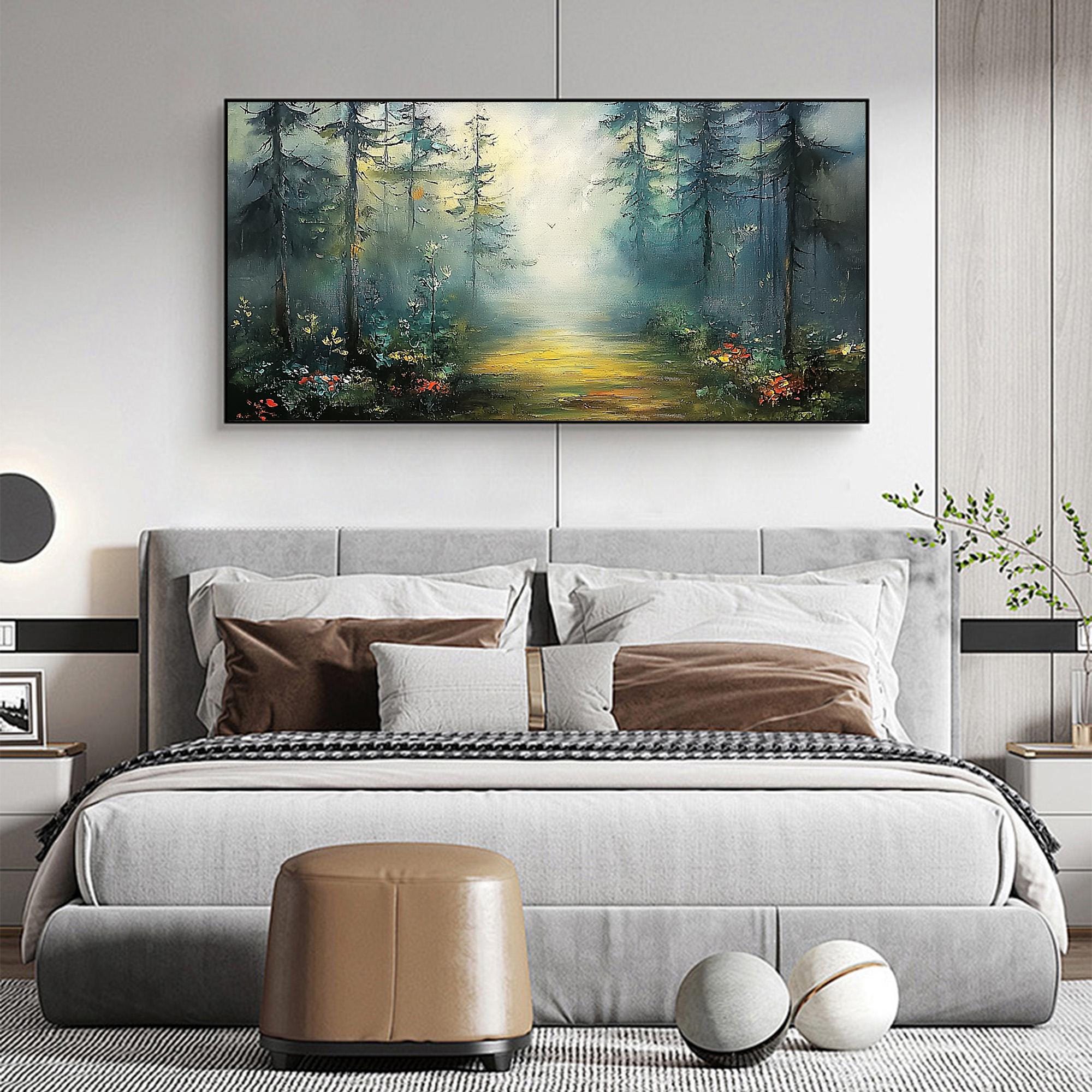 Misty Forest Path Wall Art | Large Horizontal Landscape Painting for Bedroom #ZZ 101