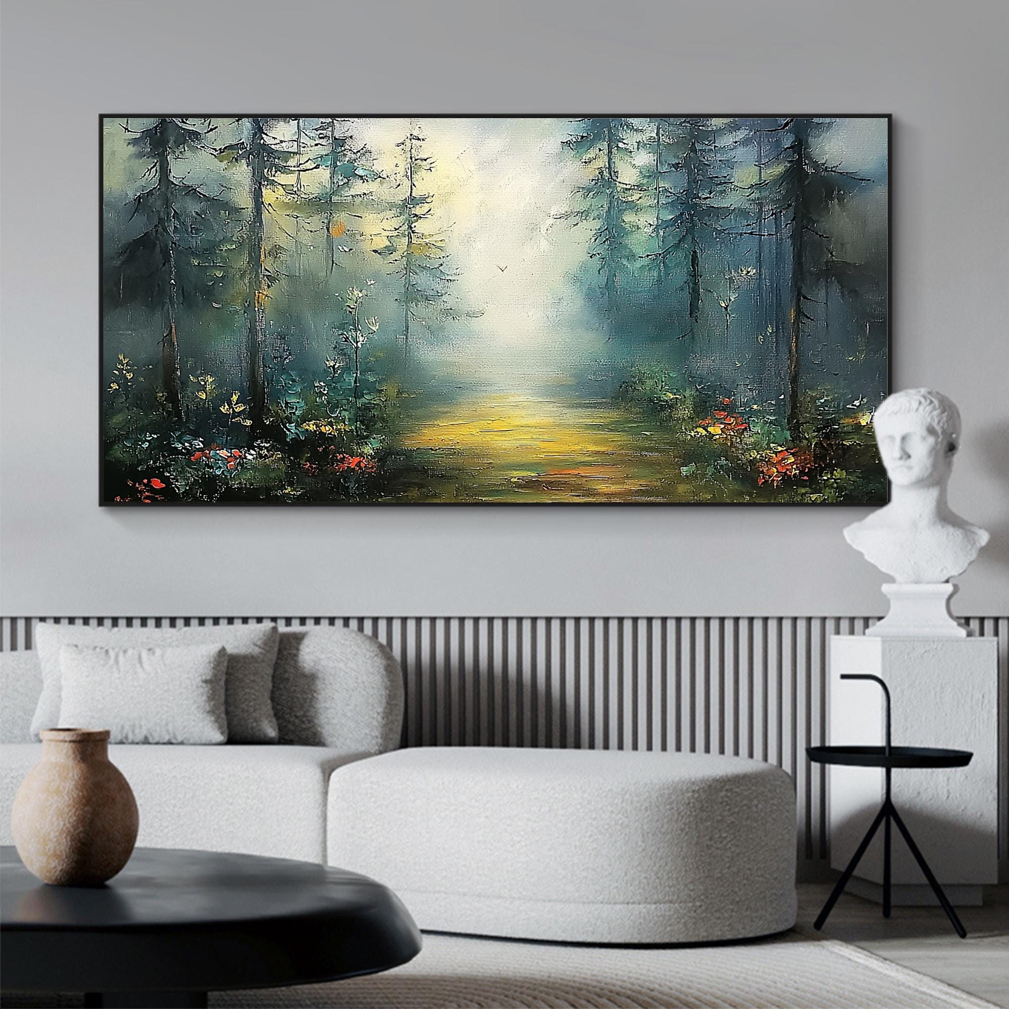 Misty Forest Path Wall Art | Large Horizontal Landscape Painting for Bedroom #ZZ 101
