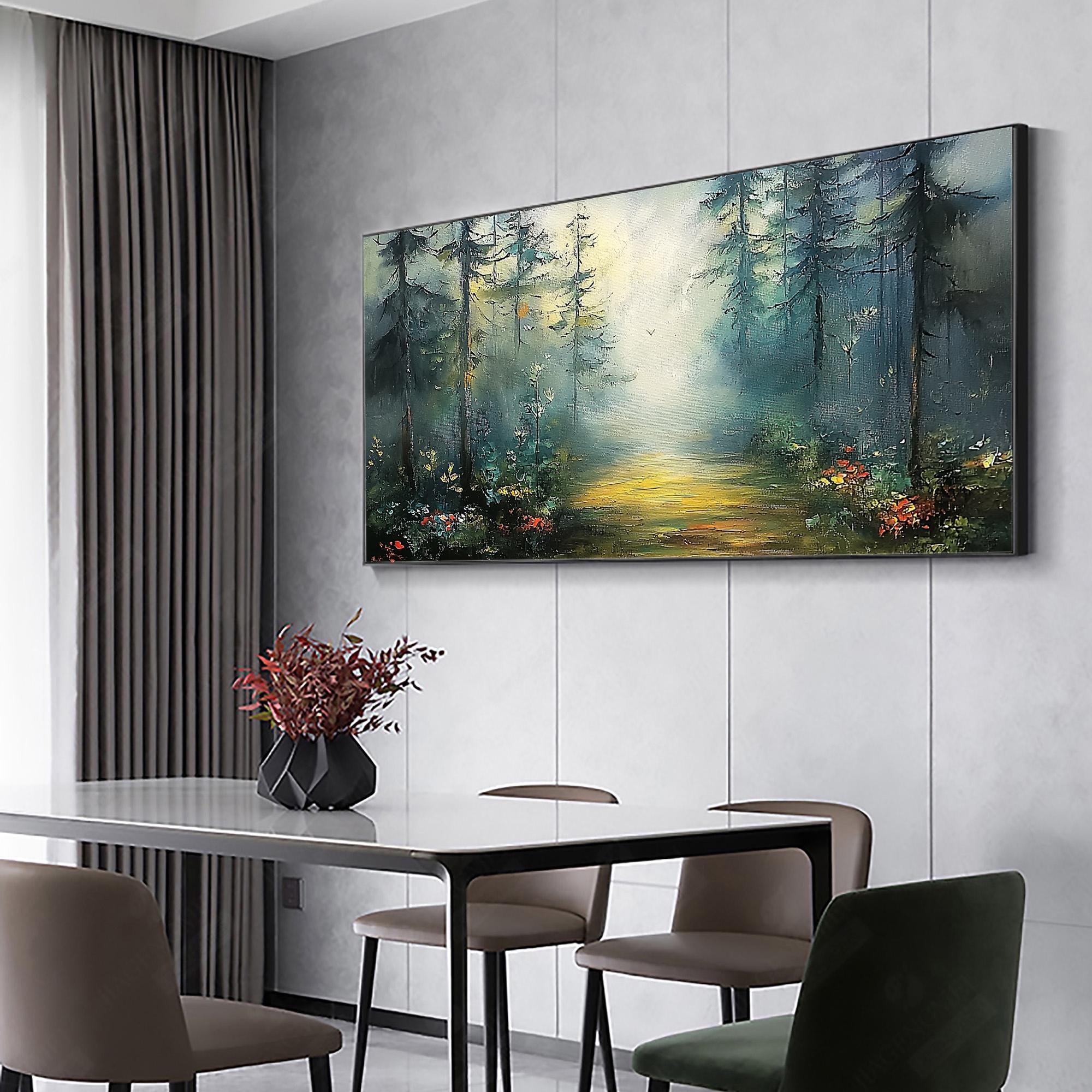 Misty Forest Path Wall Art | Large Horizontal Landscape Painting for Bedroom #ZZ 101
