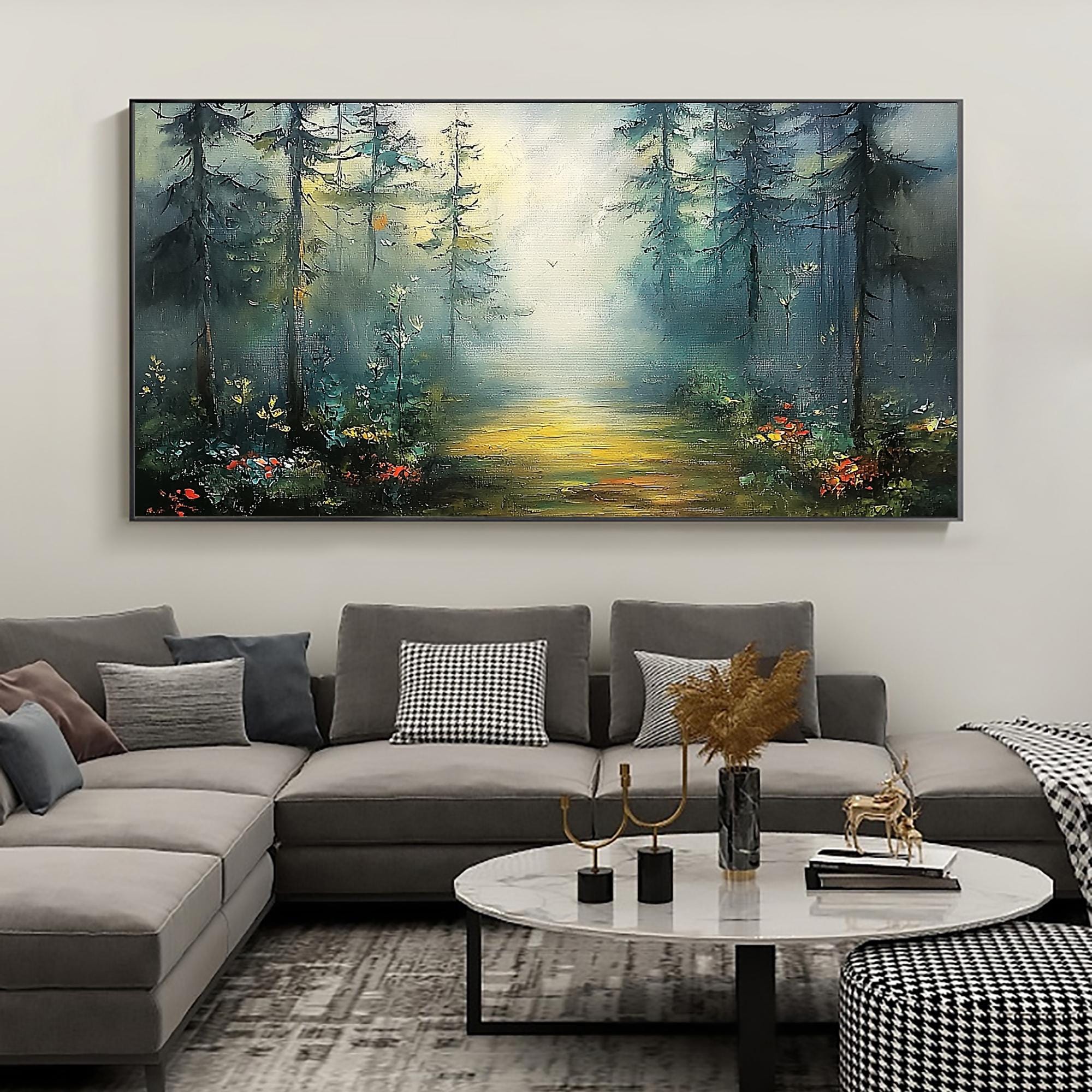Misty Forest Path Wall Art | Large Horizontal Landscape Painting for Bedroom #ZZ 101