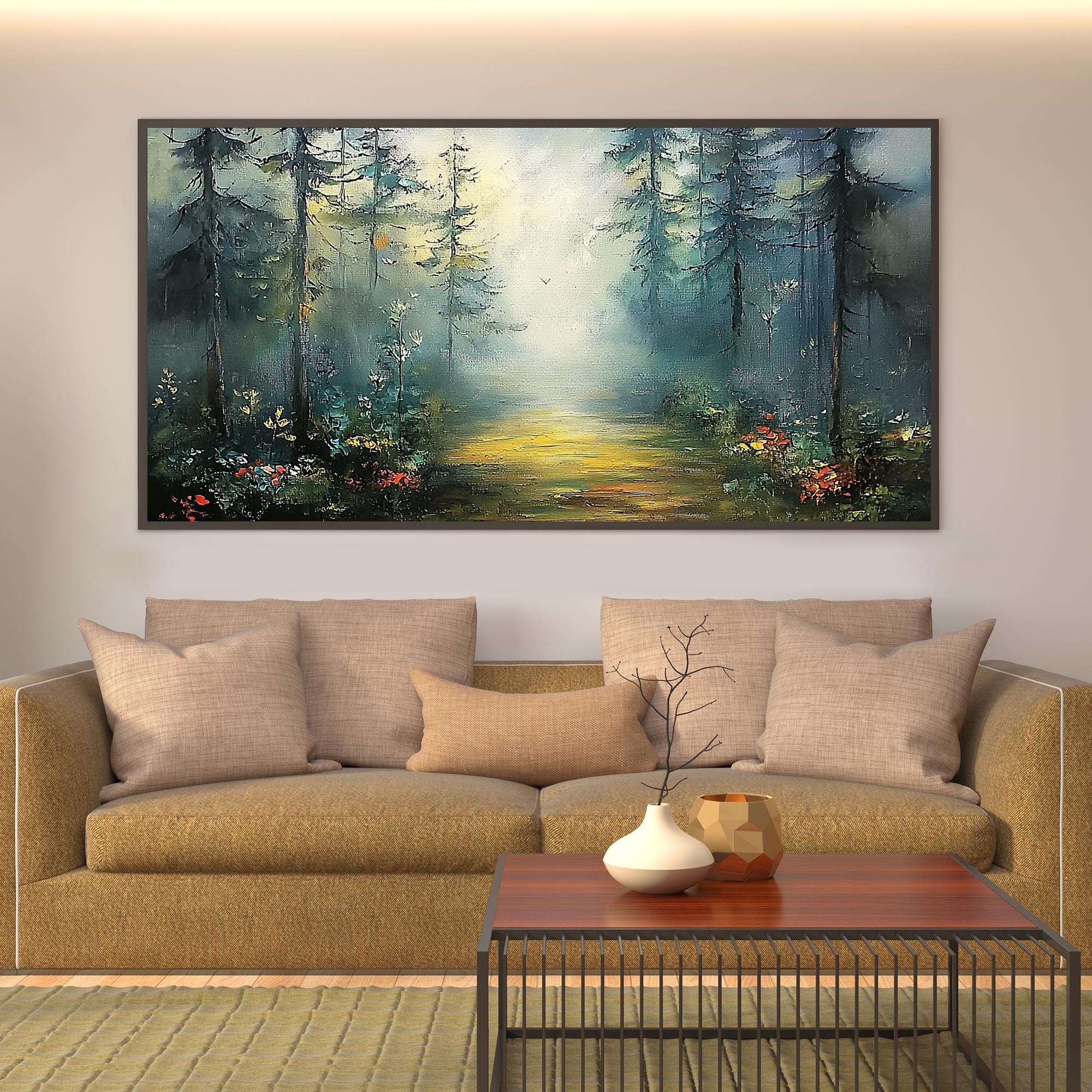 Misty Forest Path Wall Art | Large Horizontal Landscape Painting for Bedroom #ZZ 101