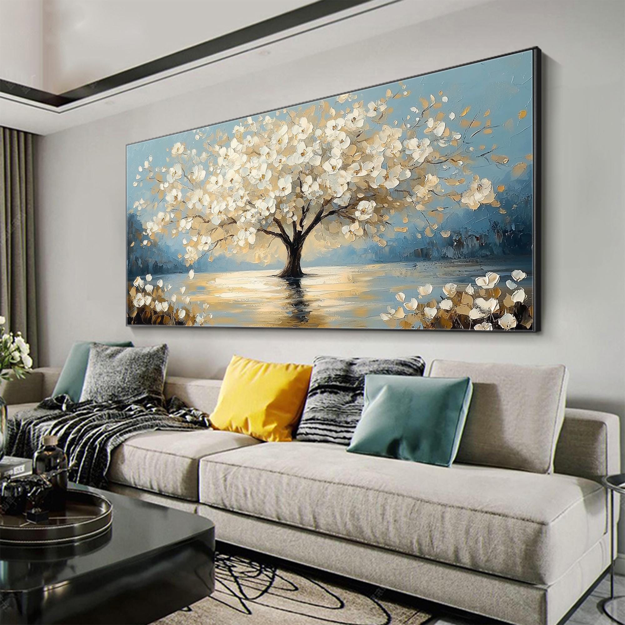 Floral Tree Painting | Oversized Horizontal Canvas Wall Art for Living Room #ZZ 091