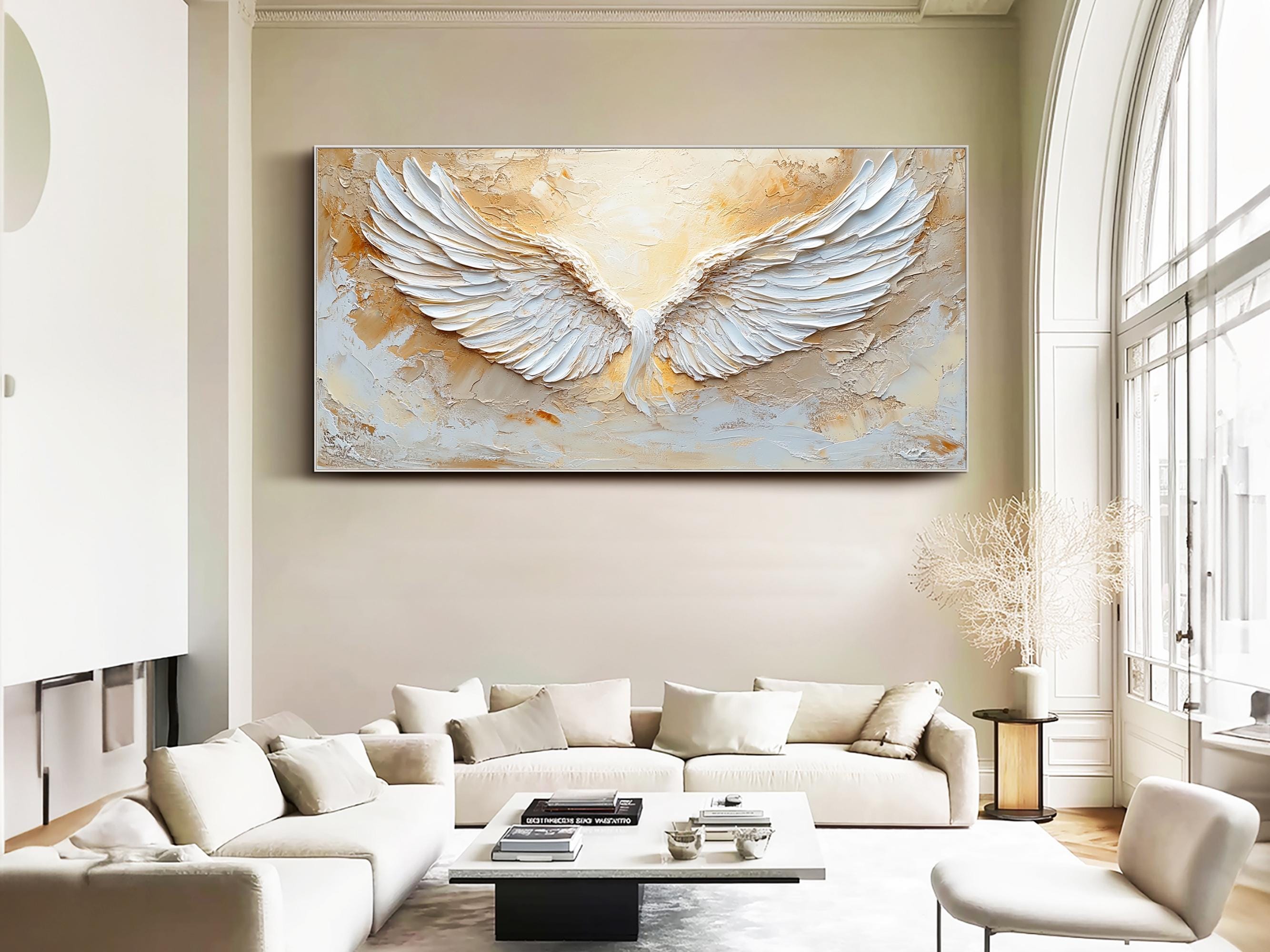 Large Abstract Angel Wings Painting | White Textured Wall Art for Room Decor #ZZ 144