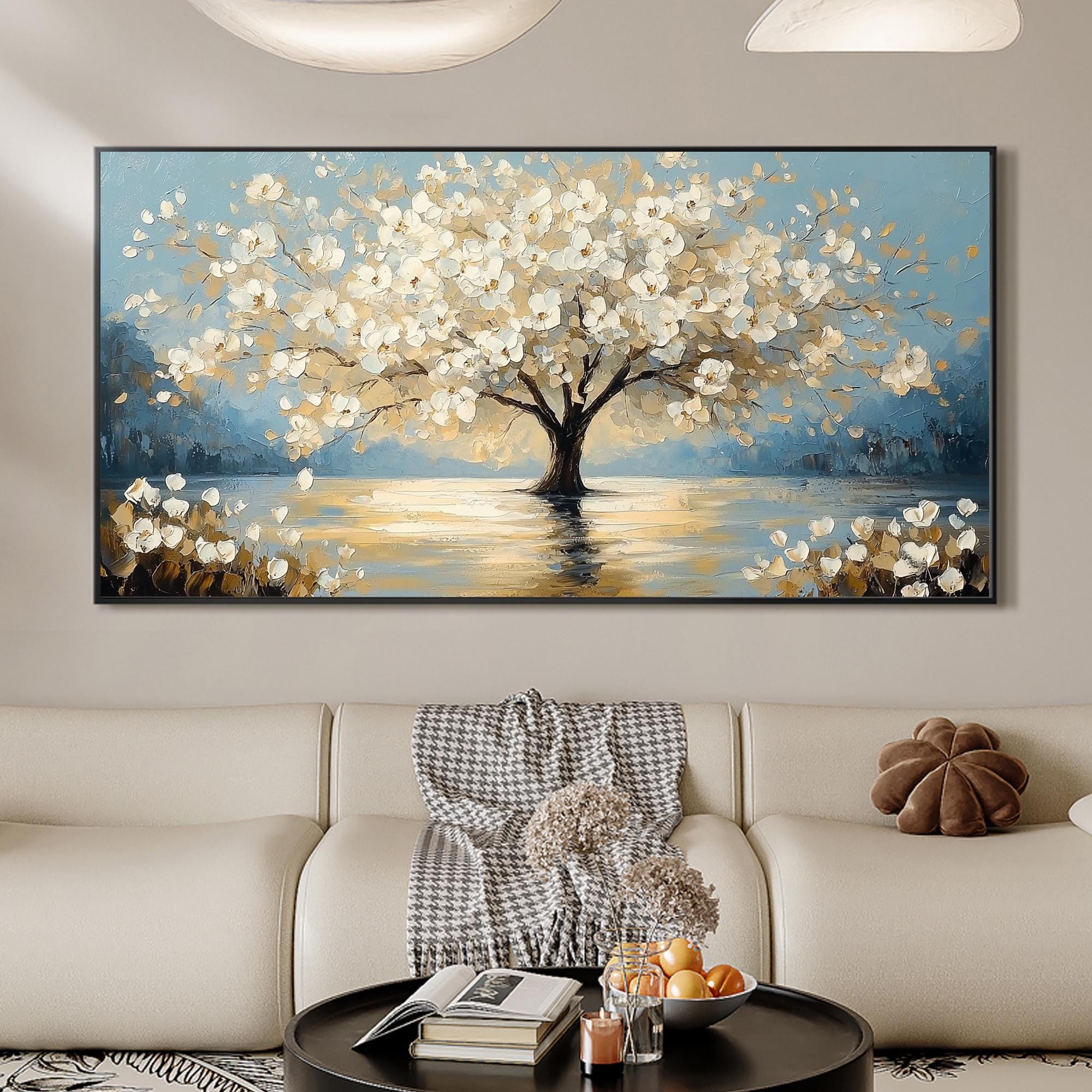 Floral Tree Painting | Oversized Horizontal Canvas Wall Art for Living Room #ZZ 091