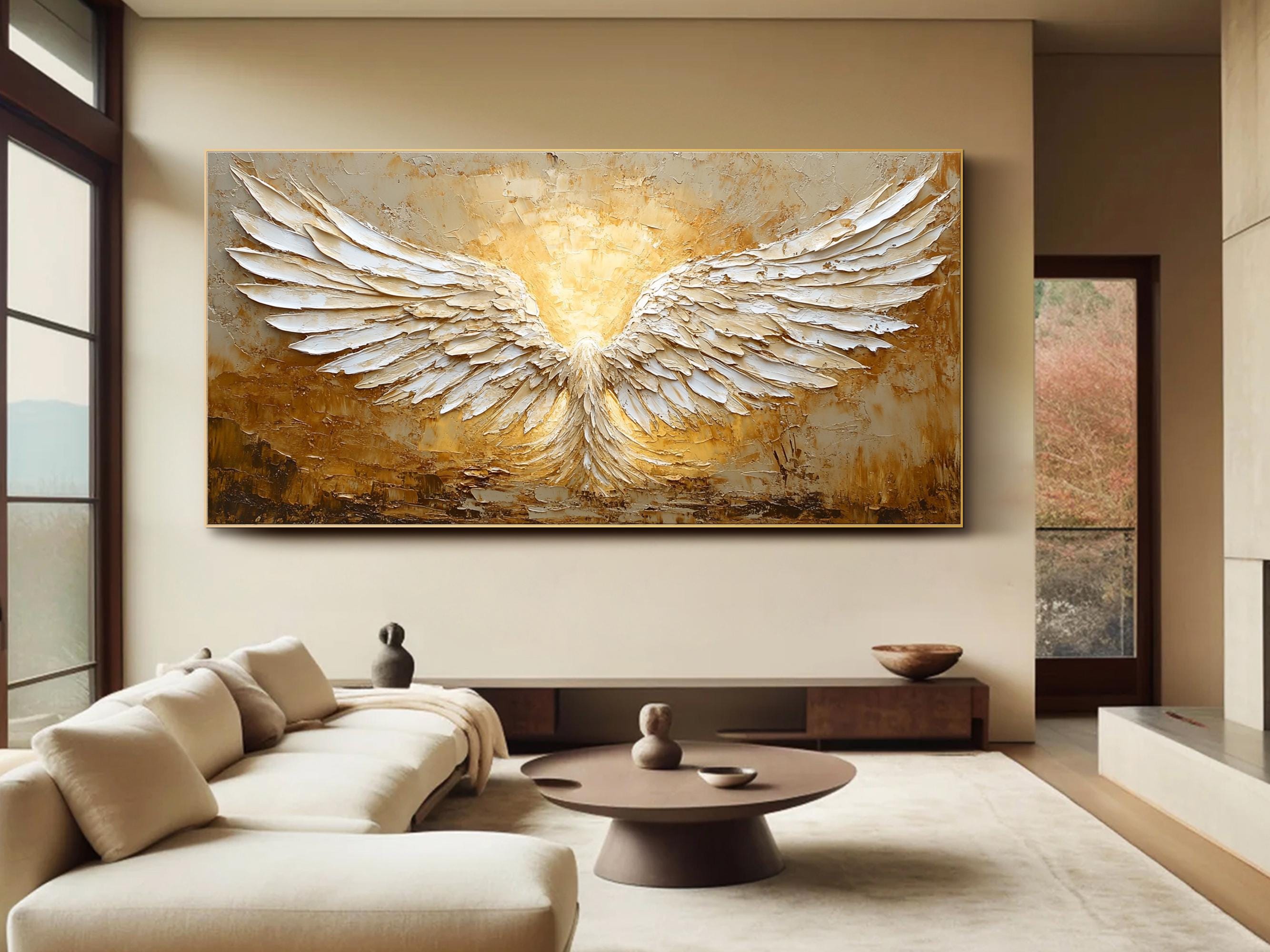 Contemporary Angel Wings Art | Large Textured Horizontal Painting Gold White