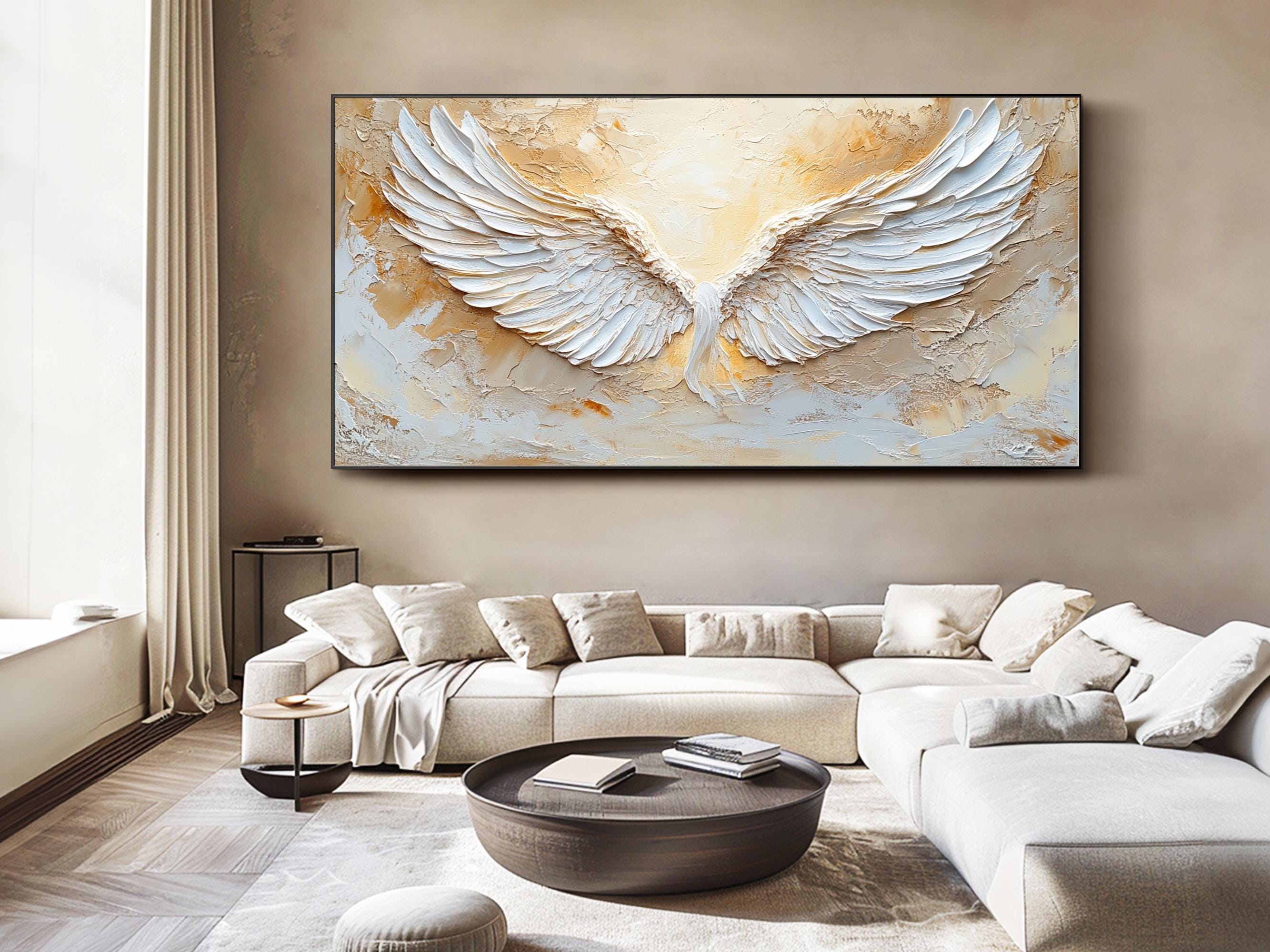 Large Abstract Angel Wings Painting | White Textured Wall Art for Room Decor #ZZ 144