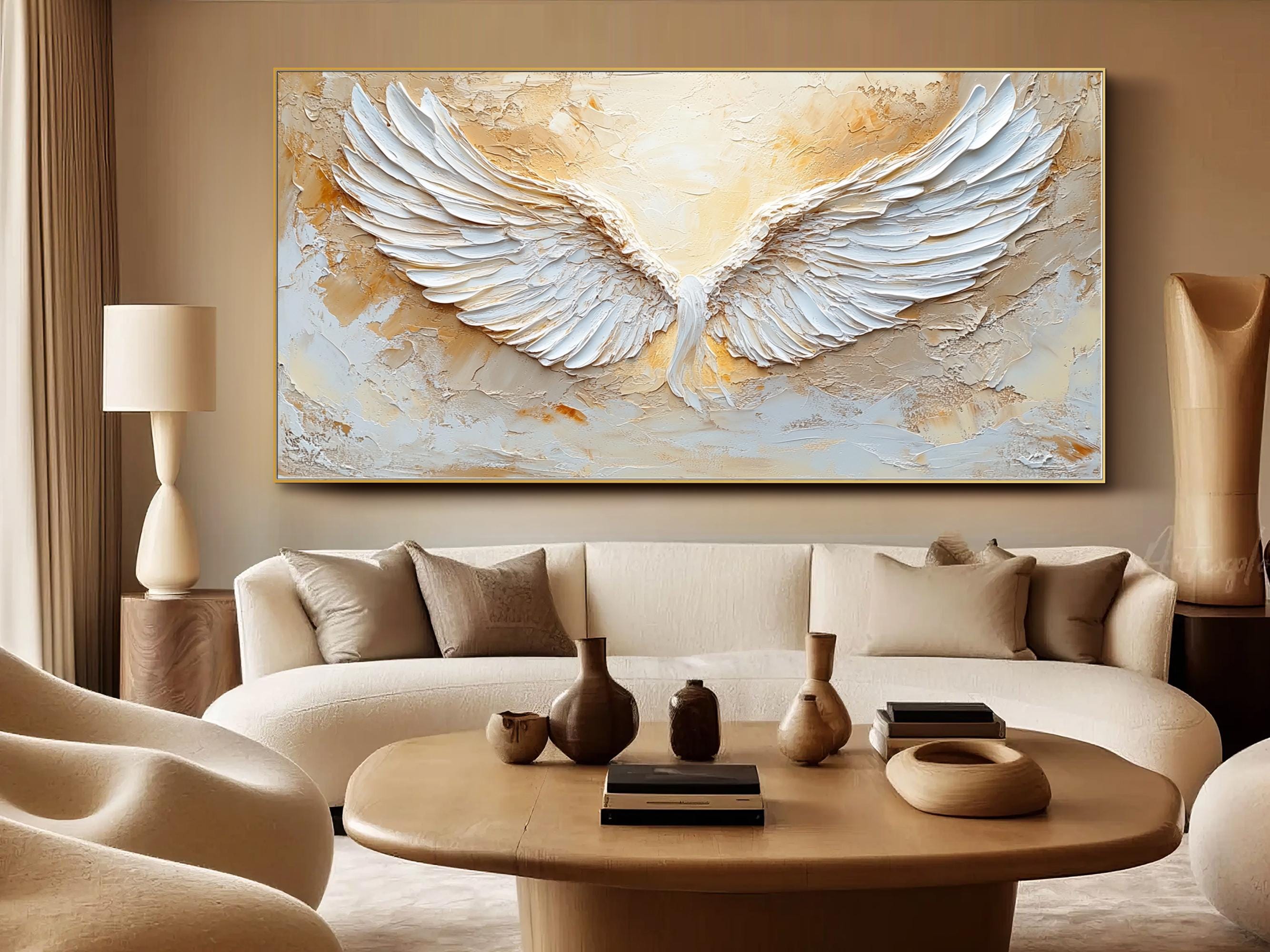 Large Abstract Angel Wings Painting | White Textured Wall Art for Room Decor #ZZ 144