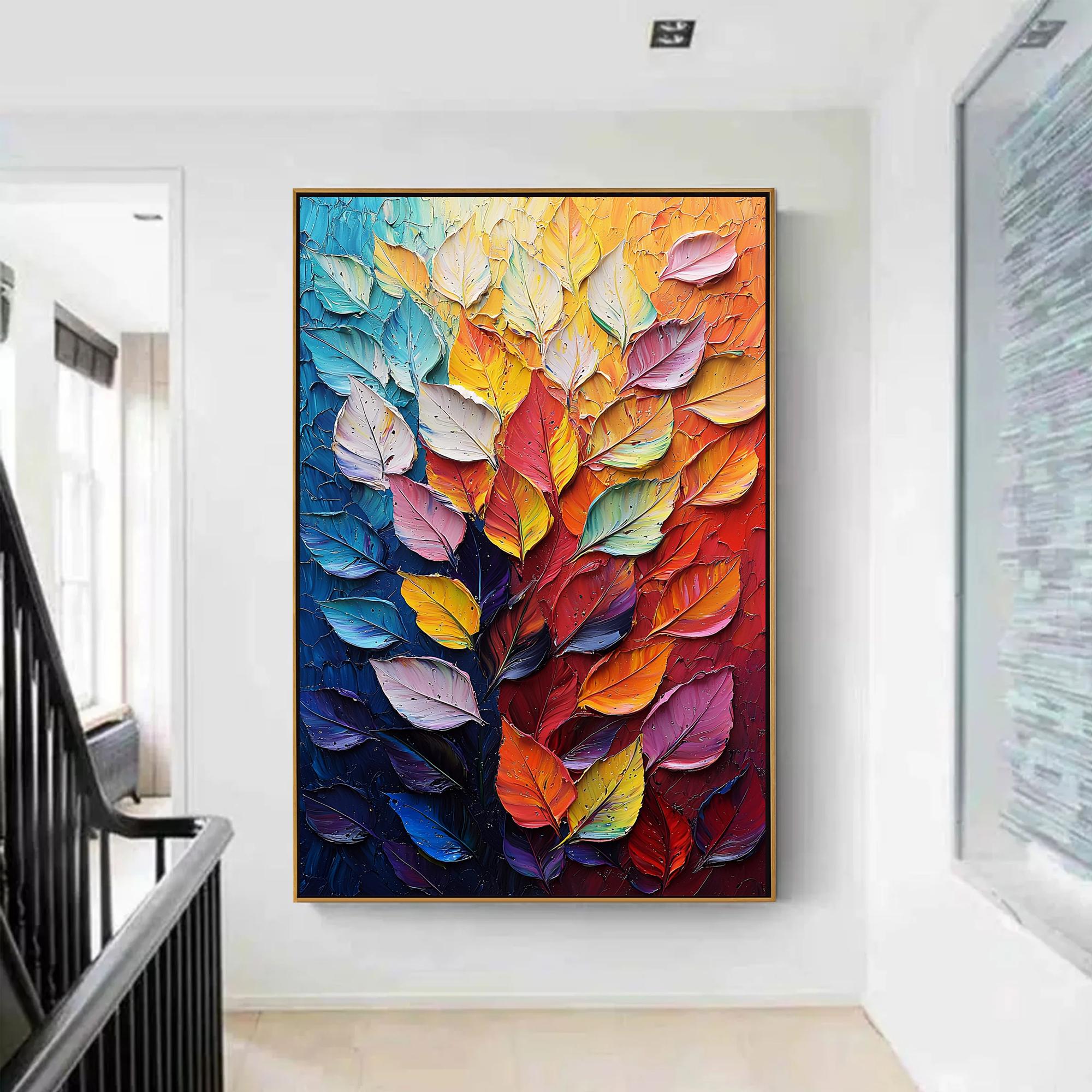 Colorful Leaf Wall Art | Large Vertical Textured Abstract Painting #ZZ 182
