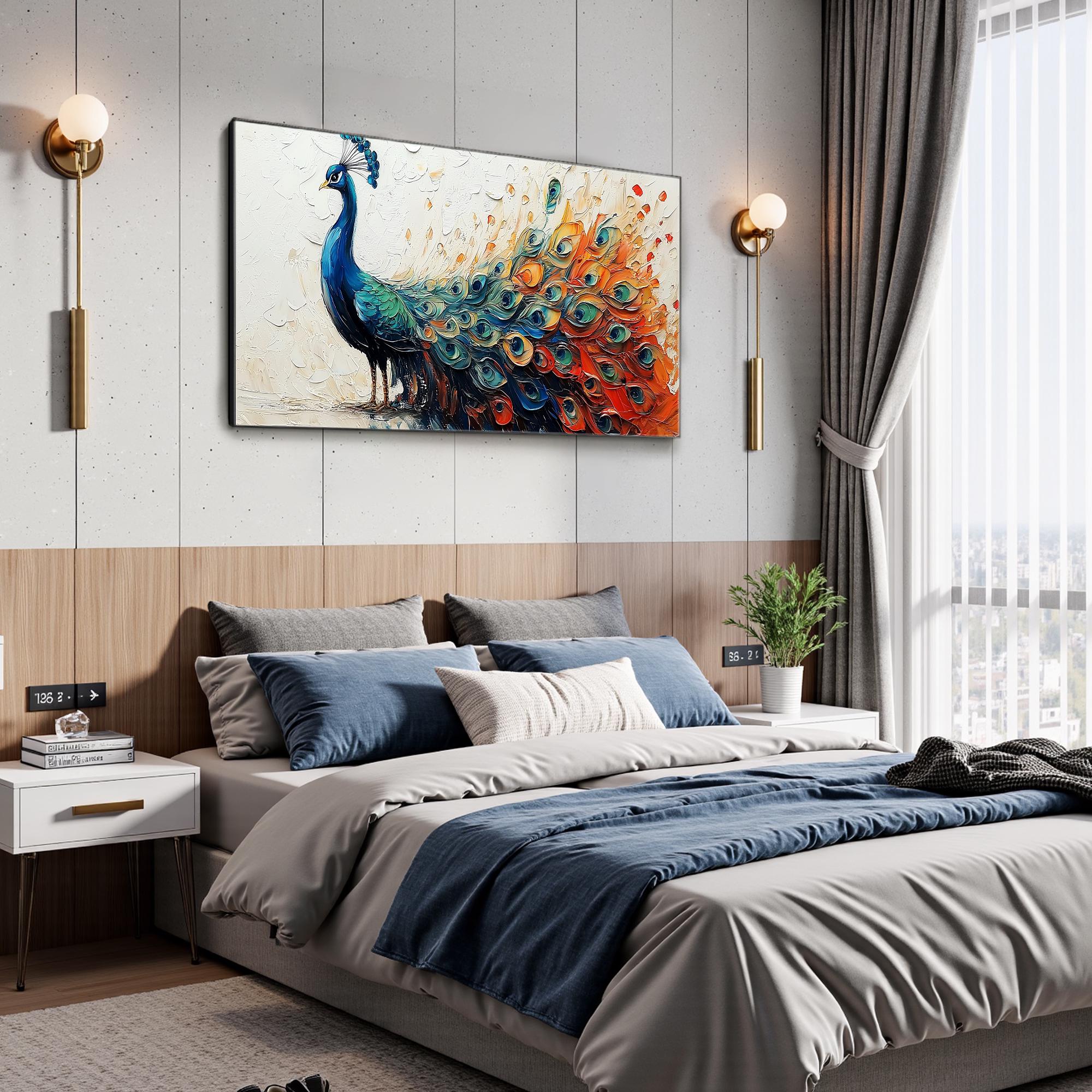 Colorful Peacock Wall Art | Large Textured Bird Painting Canvas #ZZ 173