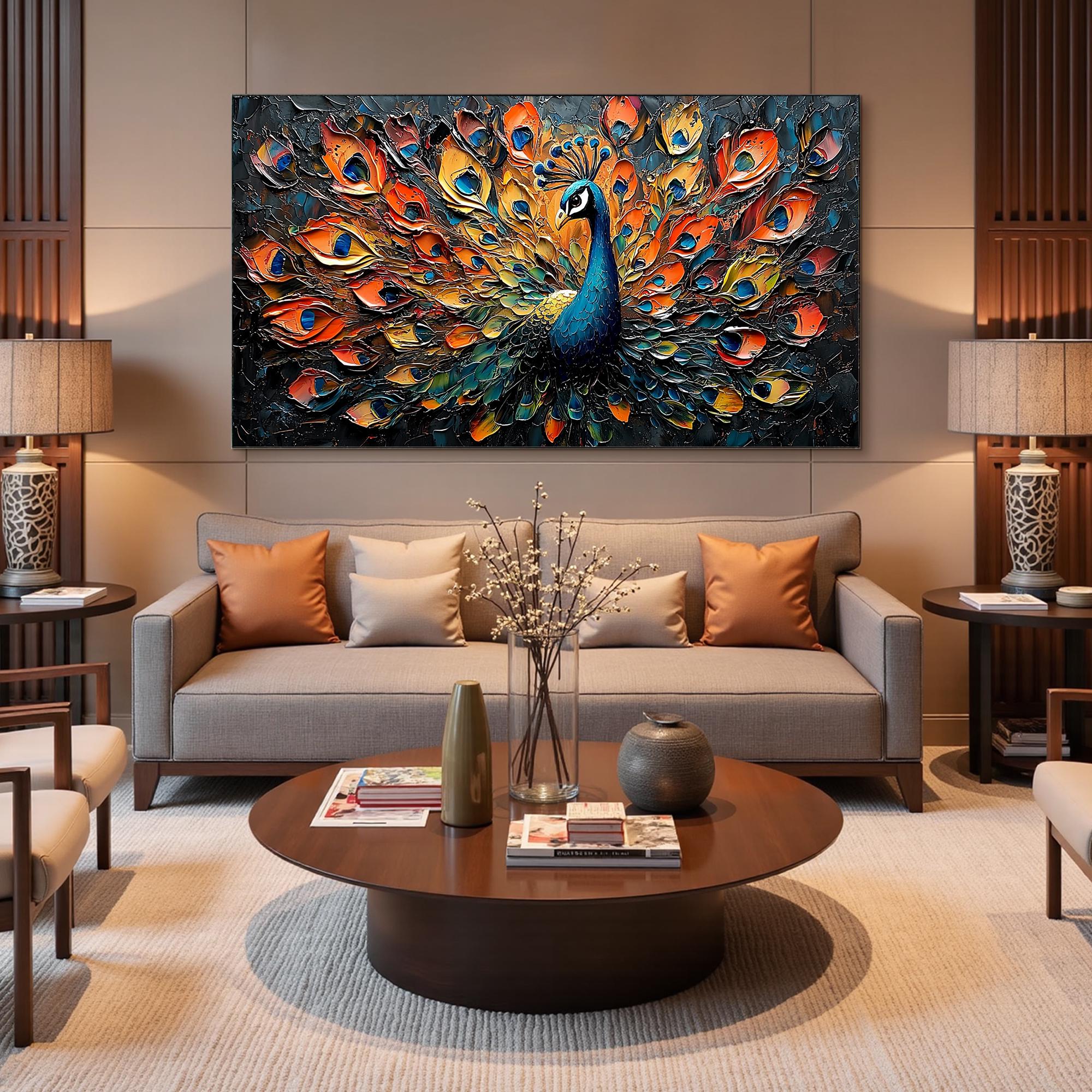 Peacock Wall Art Large Canvas | Textured Bird Painting Orange Blue Black