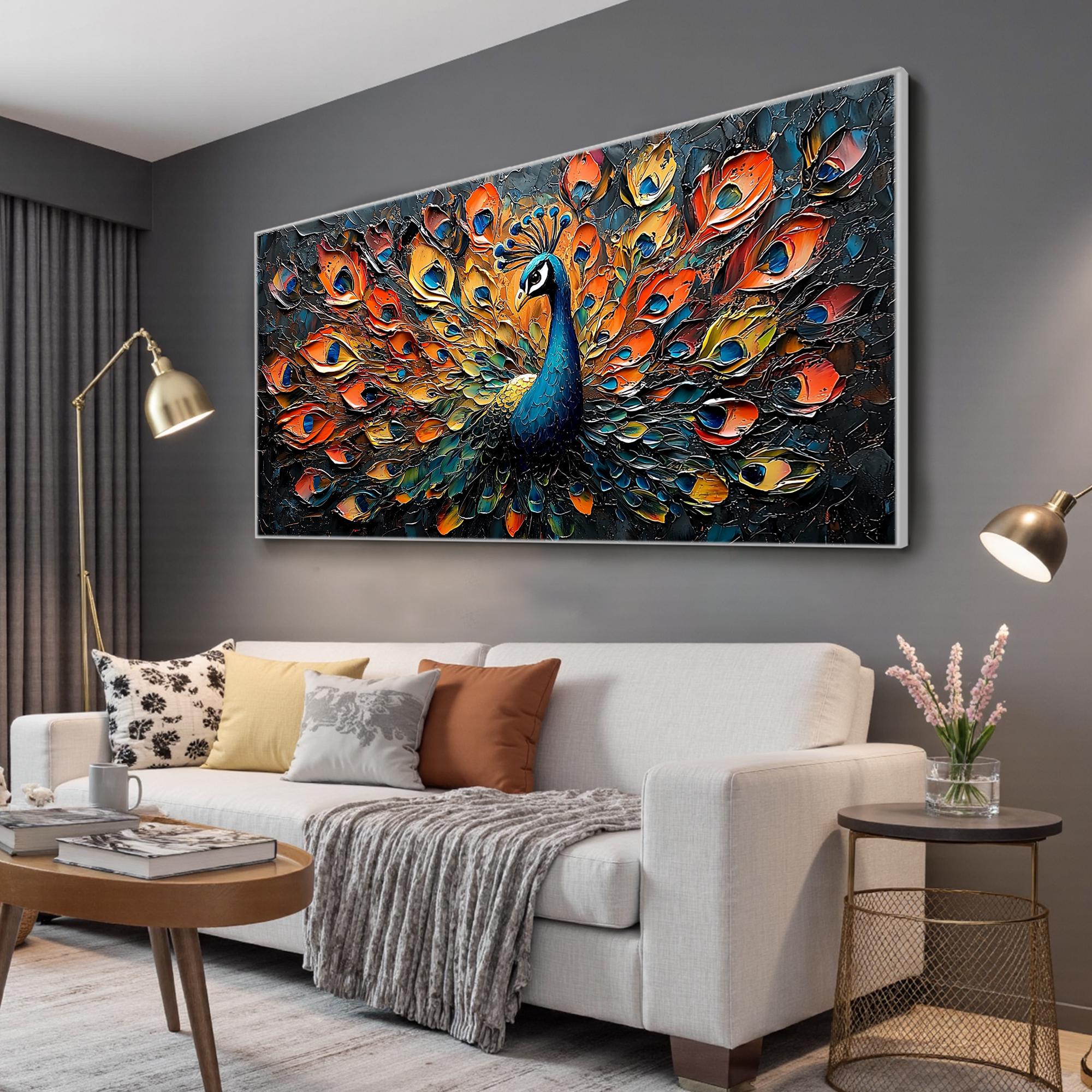 Large Textured Peacock Painting | Colorful Abstract Bird Wall Art Decor #ZZ 177