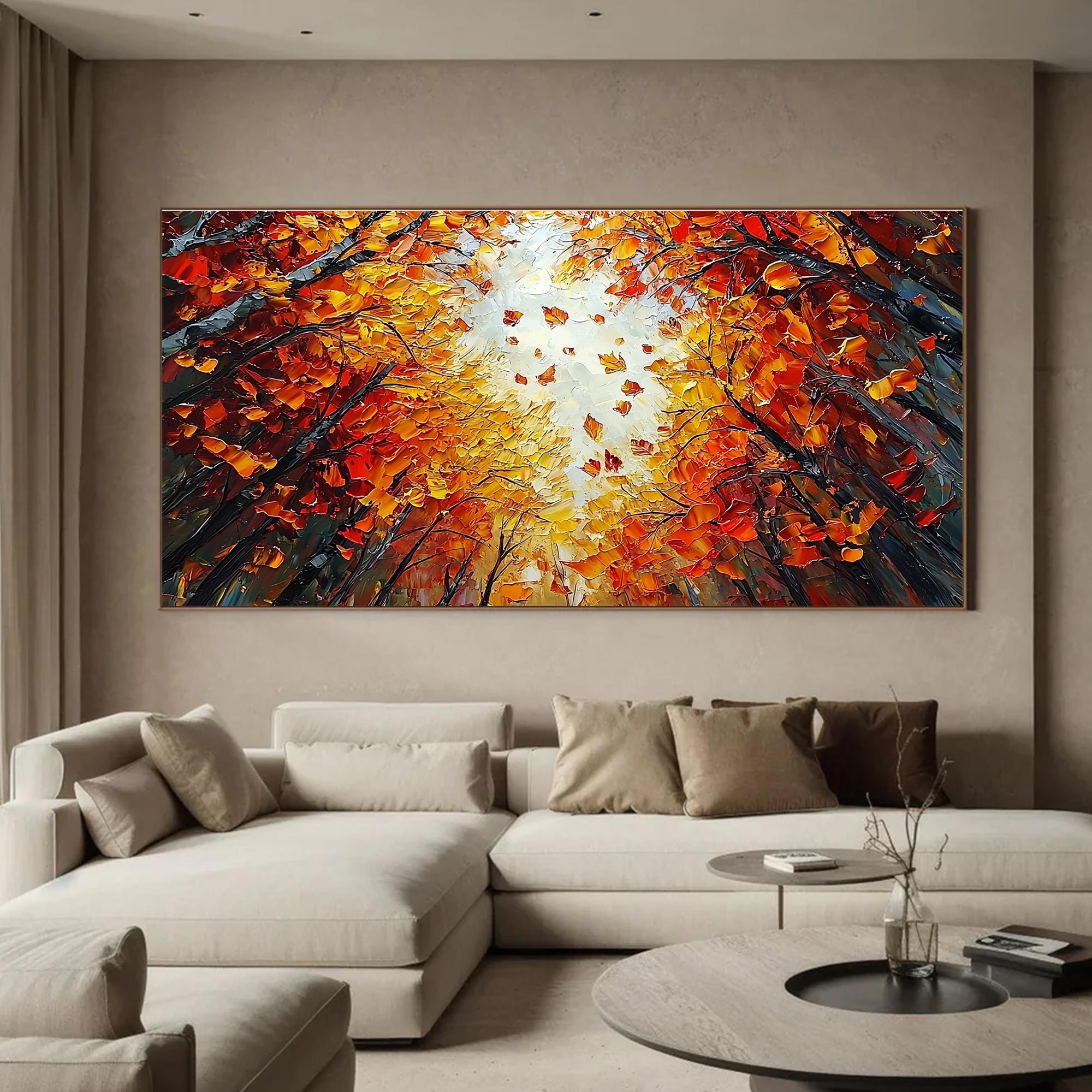 Large Textured Artwork | Horizontal Colorful Autumn Trees Painting