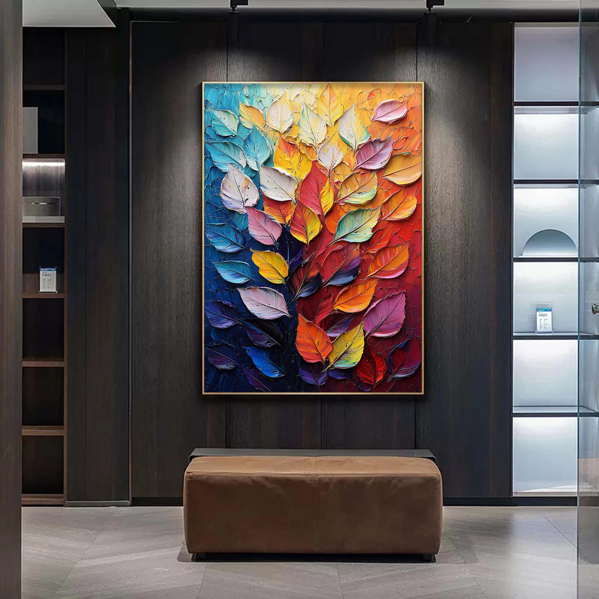 Colorful Leaf Wall Art | Large Vertical Textured Abstract Painting #ZZ 182