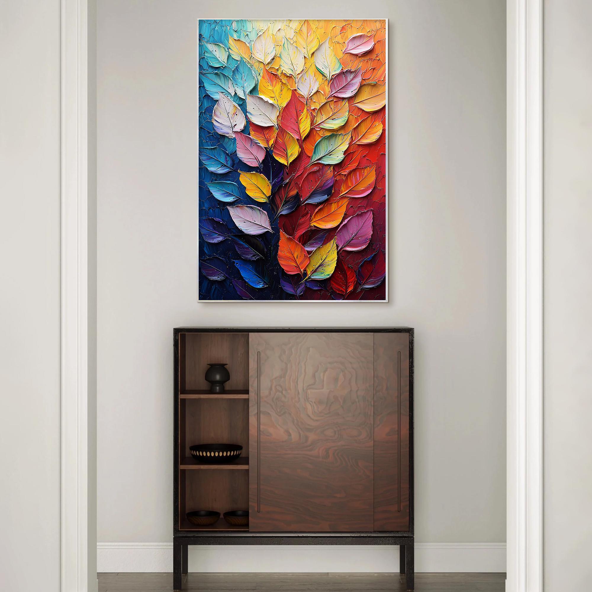 Colorful Leaf Wall Art | Large Vertical Textured Abstract Painting #ZZ 182