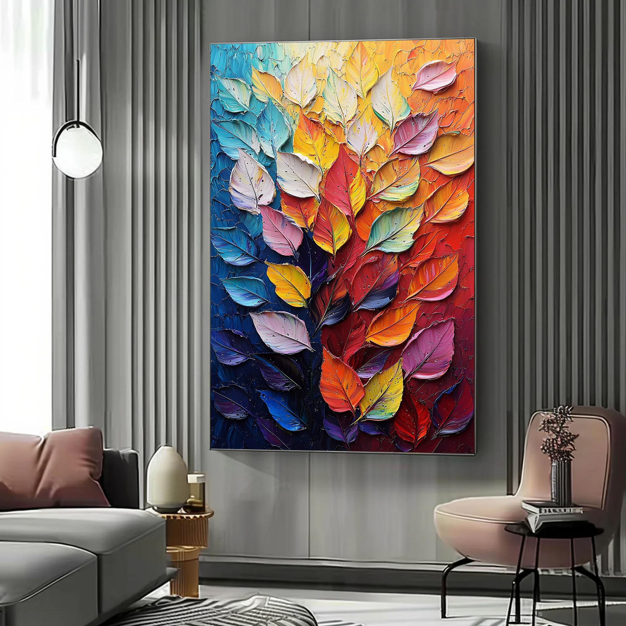 Large Textured Abstract Painting | Vertical Colorful Leaves Wall Art Decor