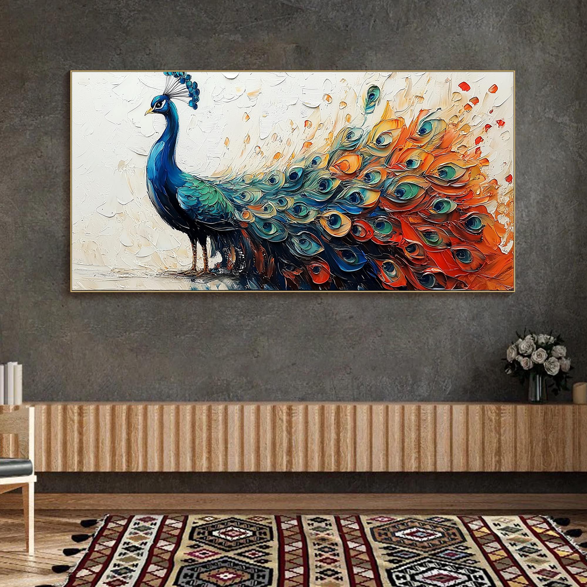Large Textured Peacock Painting | Colorful Abstract Animal Wall Art Decor