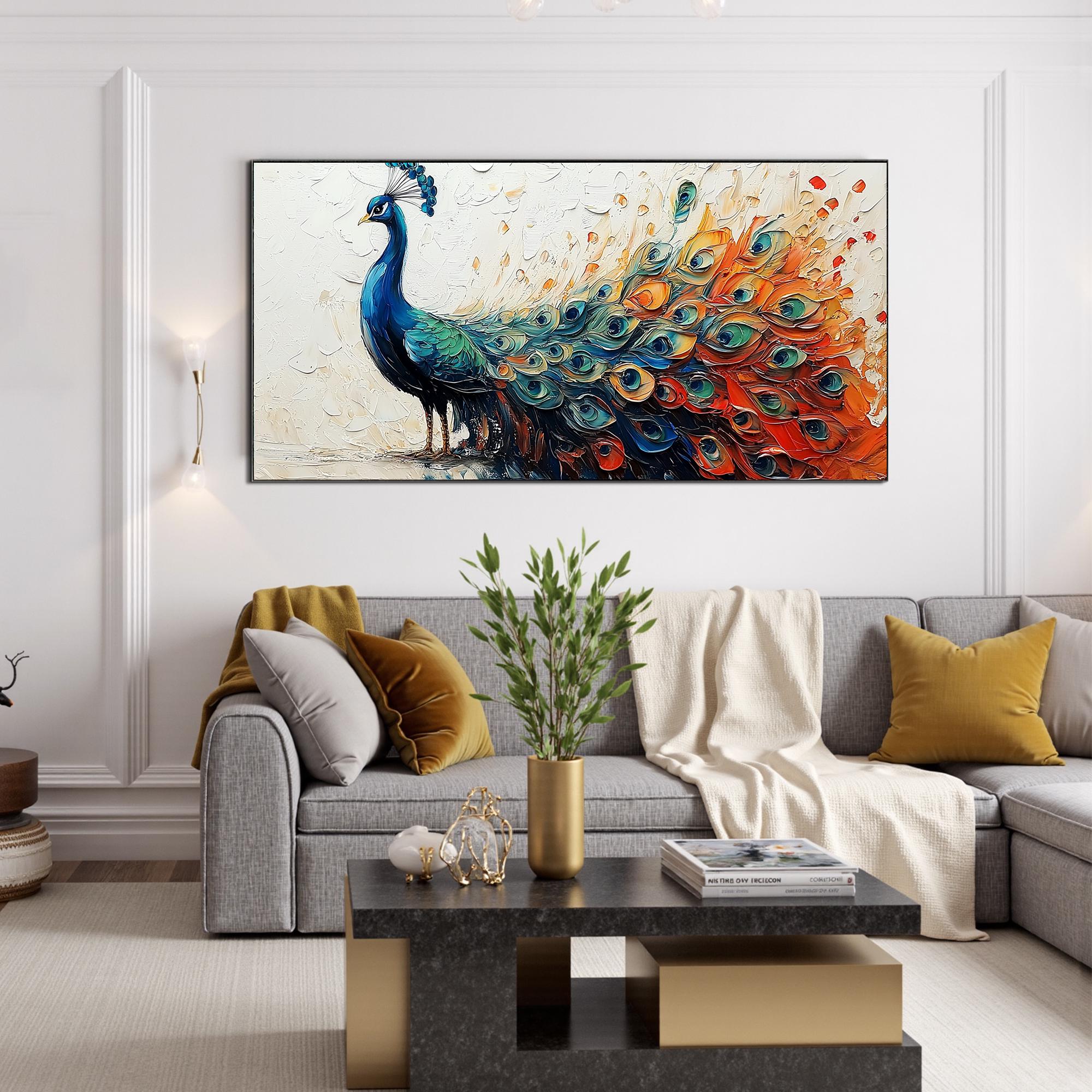 Colorful Peacock Wall Art | Large Textured Bird Painting Canvas #ZZ 173
