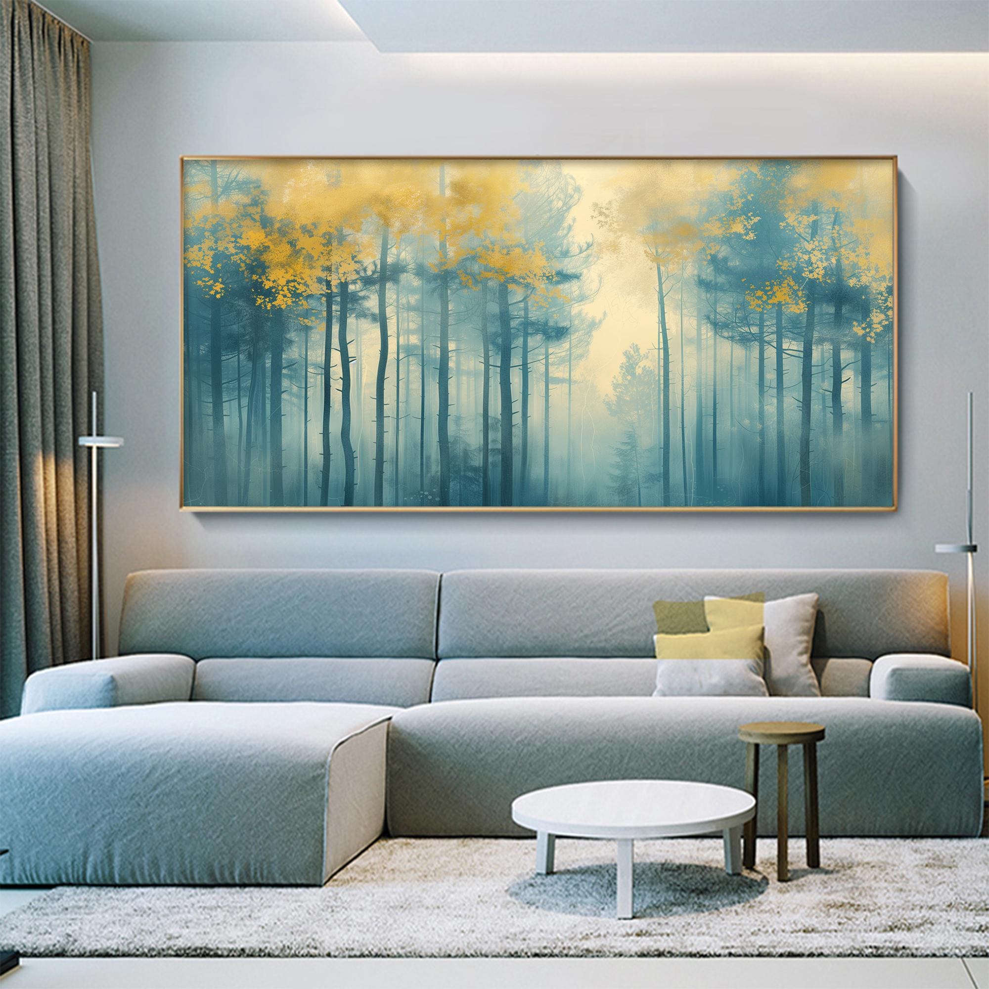 Calming Wall Art | Oversized Blue and Gold Forest Landscape Painting #ZZ 102