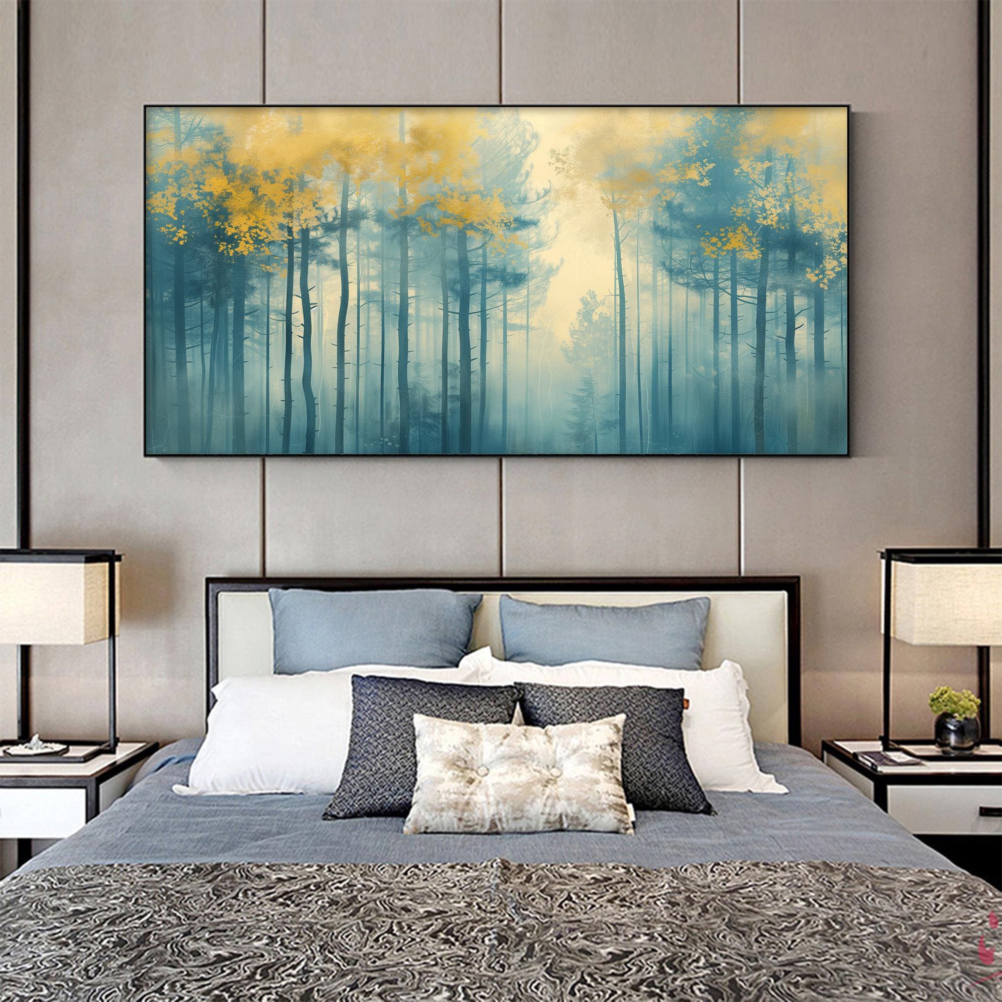 Calming Wall Art | Oversized Blue and Gold Forest Landscape Painting #ZZ 102