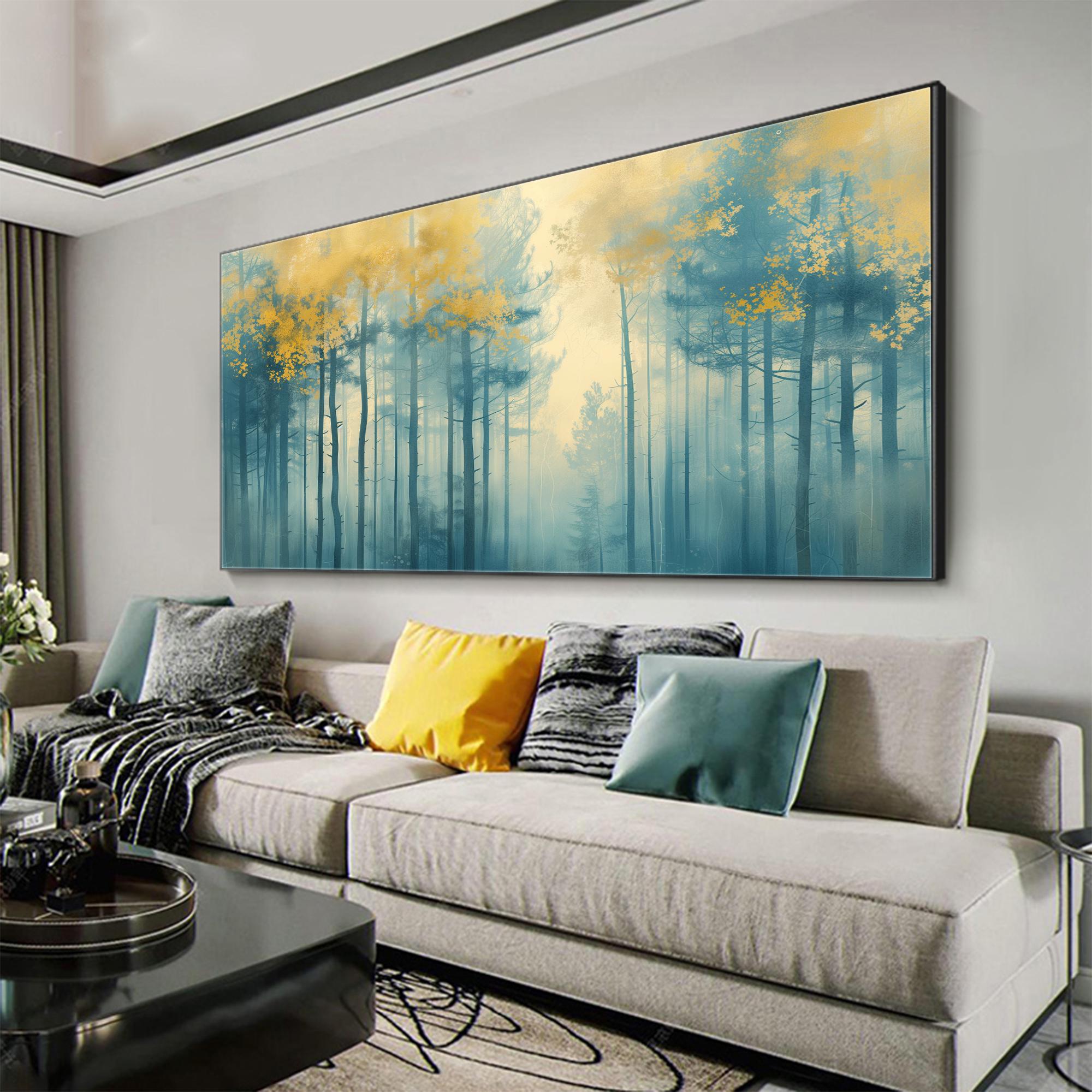 Calming Wall Art | Oversized Blue and Gold Forest Landscape Painting #ZZ 102