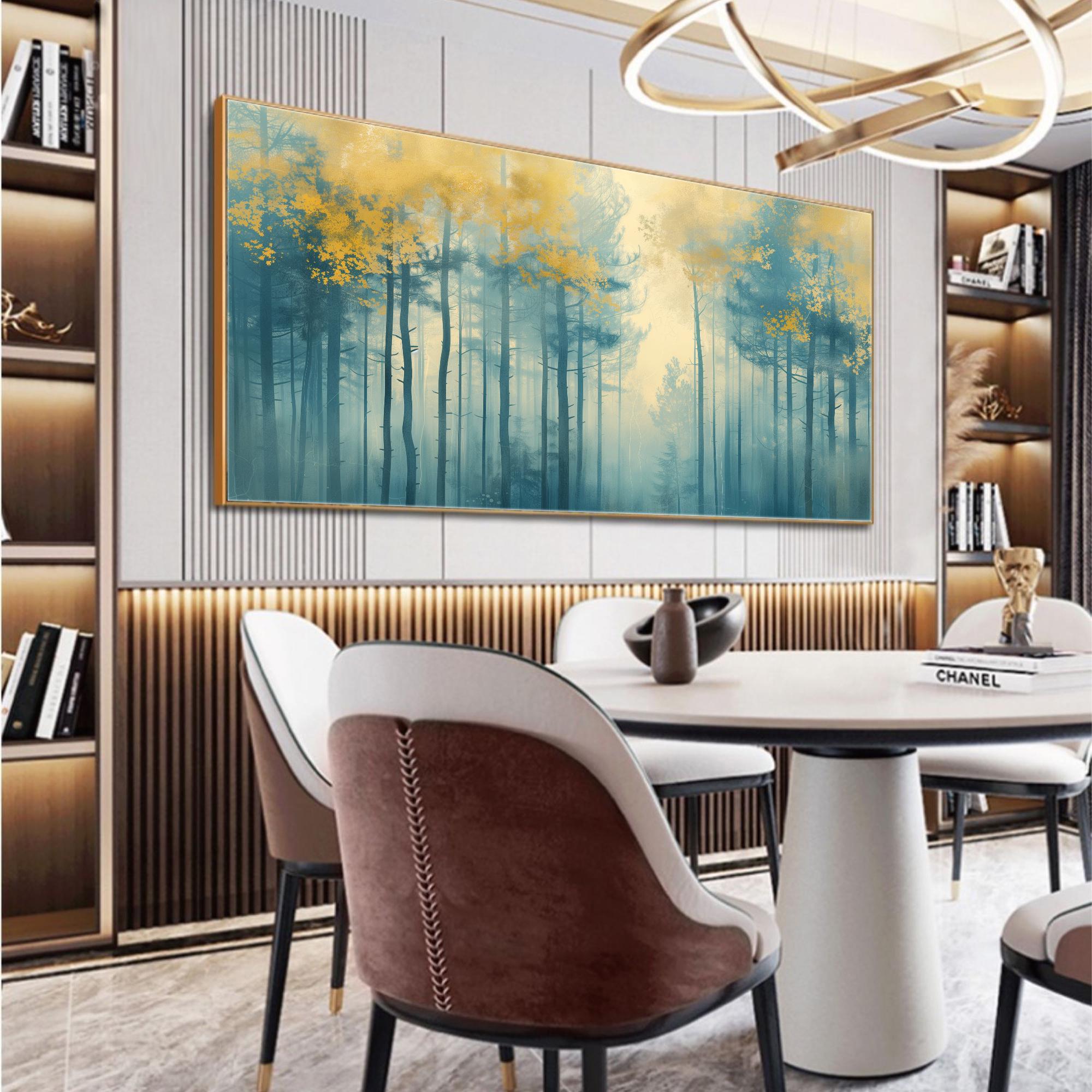 Calming Wall Art | Oversized Blue and Gold Forest Landscape Painting #ZZ 102