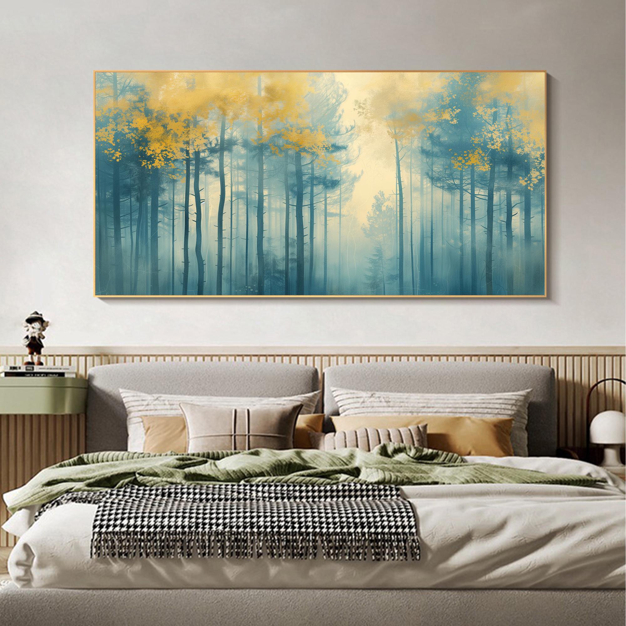 Calming Wall Art | Oversized Blue and Gold Forest Landscape Painting #ZZ 102