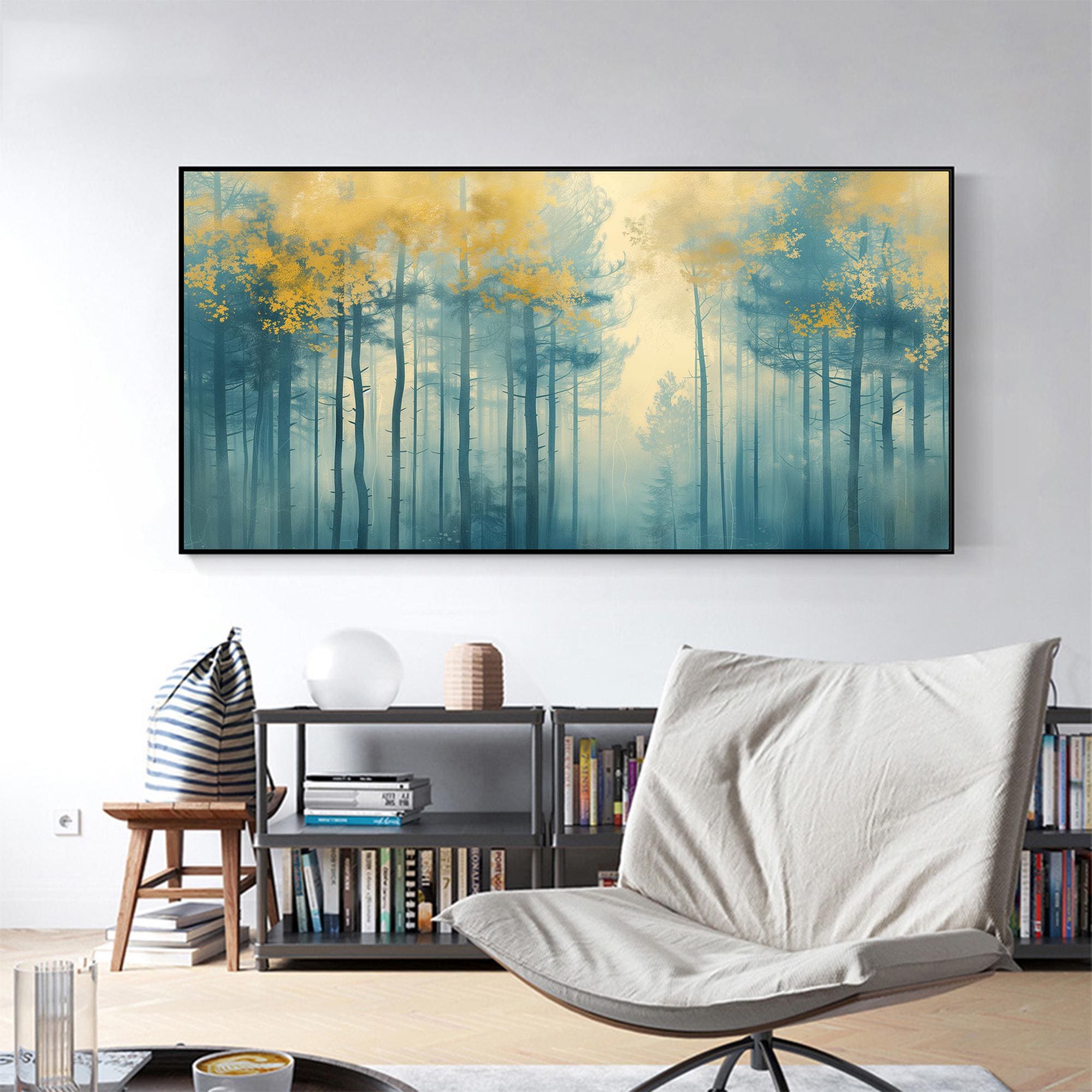 Calming Wall Art | Oversized Blue and Gold Forest Landscape Painting #ZZ 102