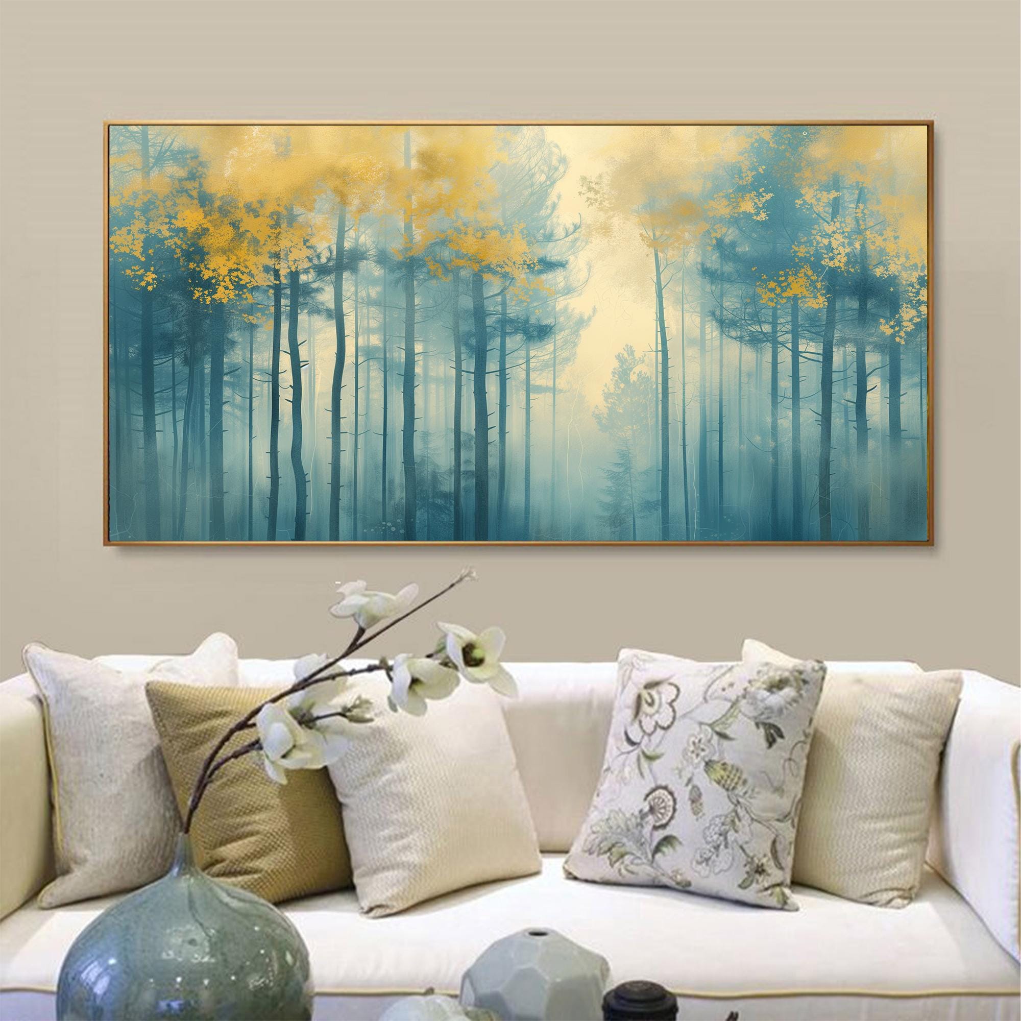 Calming Wall Art | Oversized Blue and Gold Forest Landscape Painting #ZZ 102