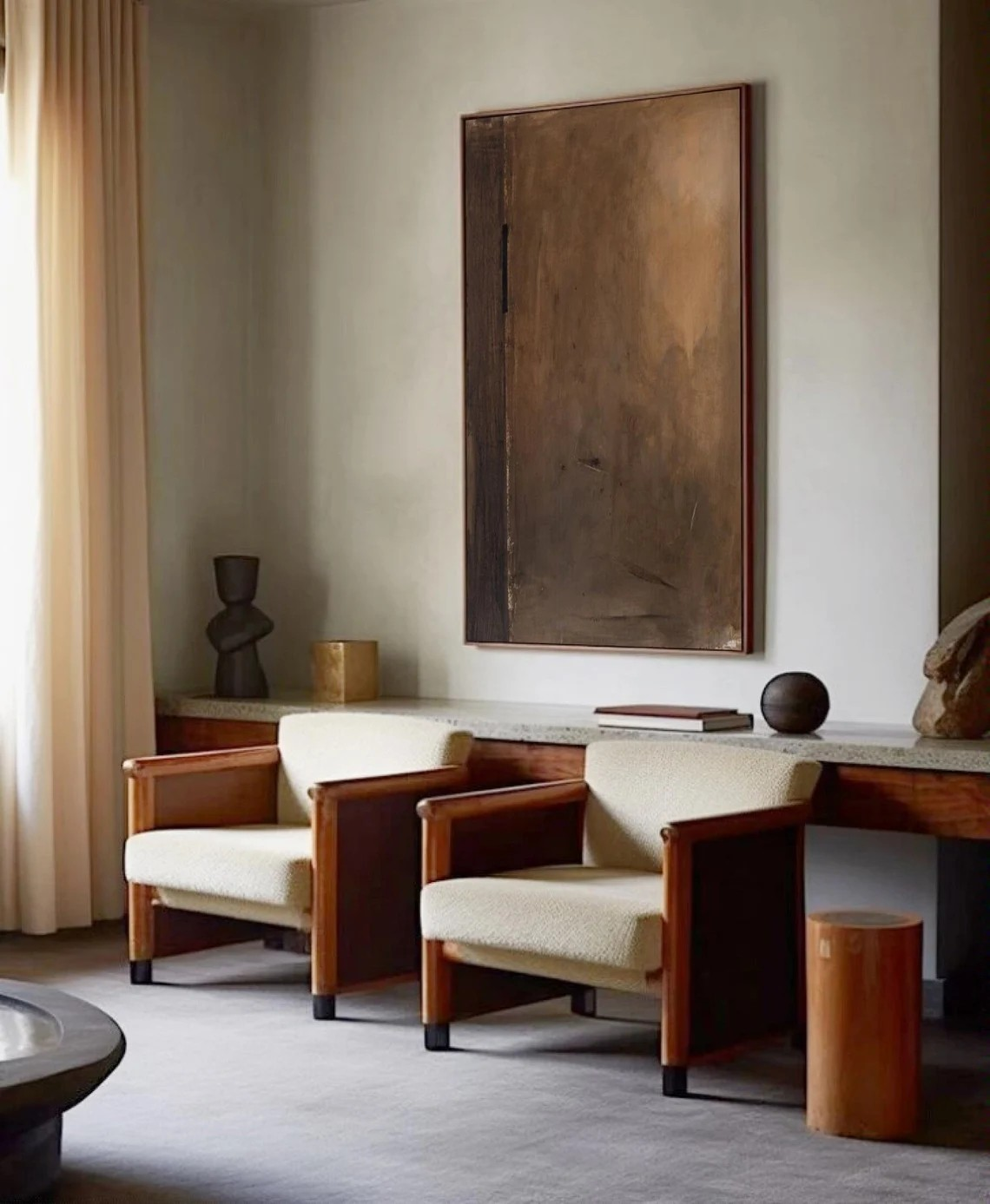 Minimalist Brown Abstract Oil Painting with Vertical Black Line Wall Art #TC 039