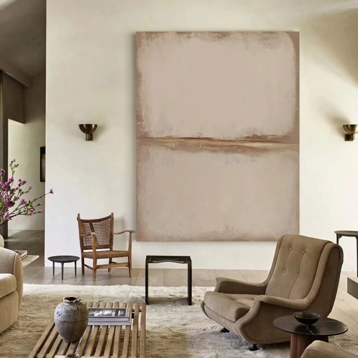 Large Abstract Beige Oil Painting with Horizon Line for Minimalist Decor #TC 019