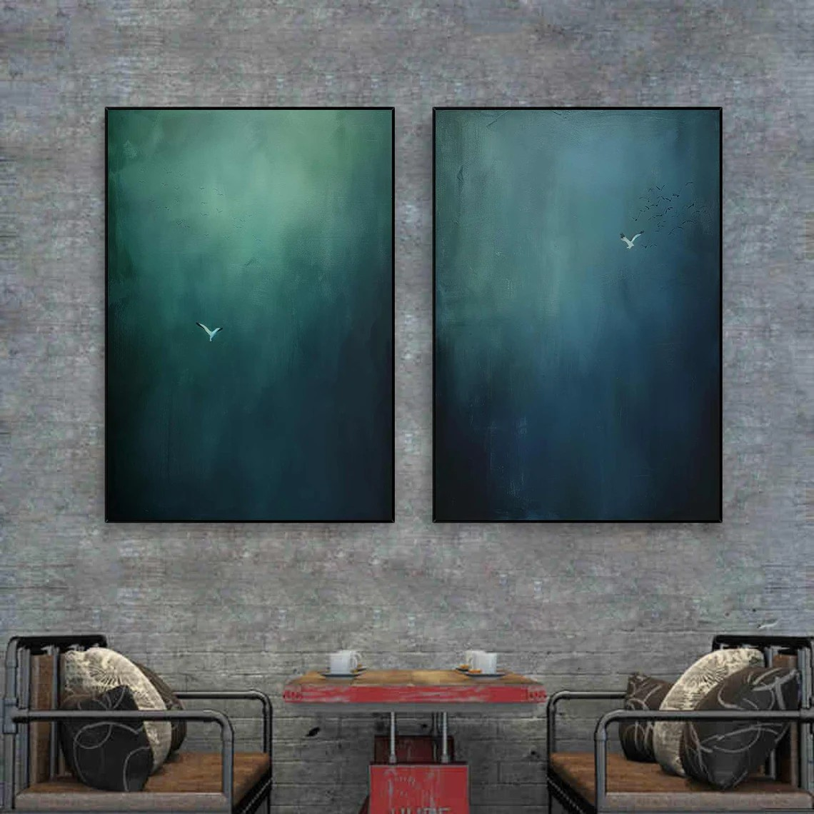 Large Abstract Oil Painting Diptych Hand-Painted Blue Green Sky/Ocean Art | # TC 010