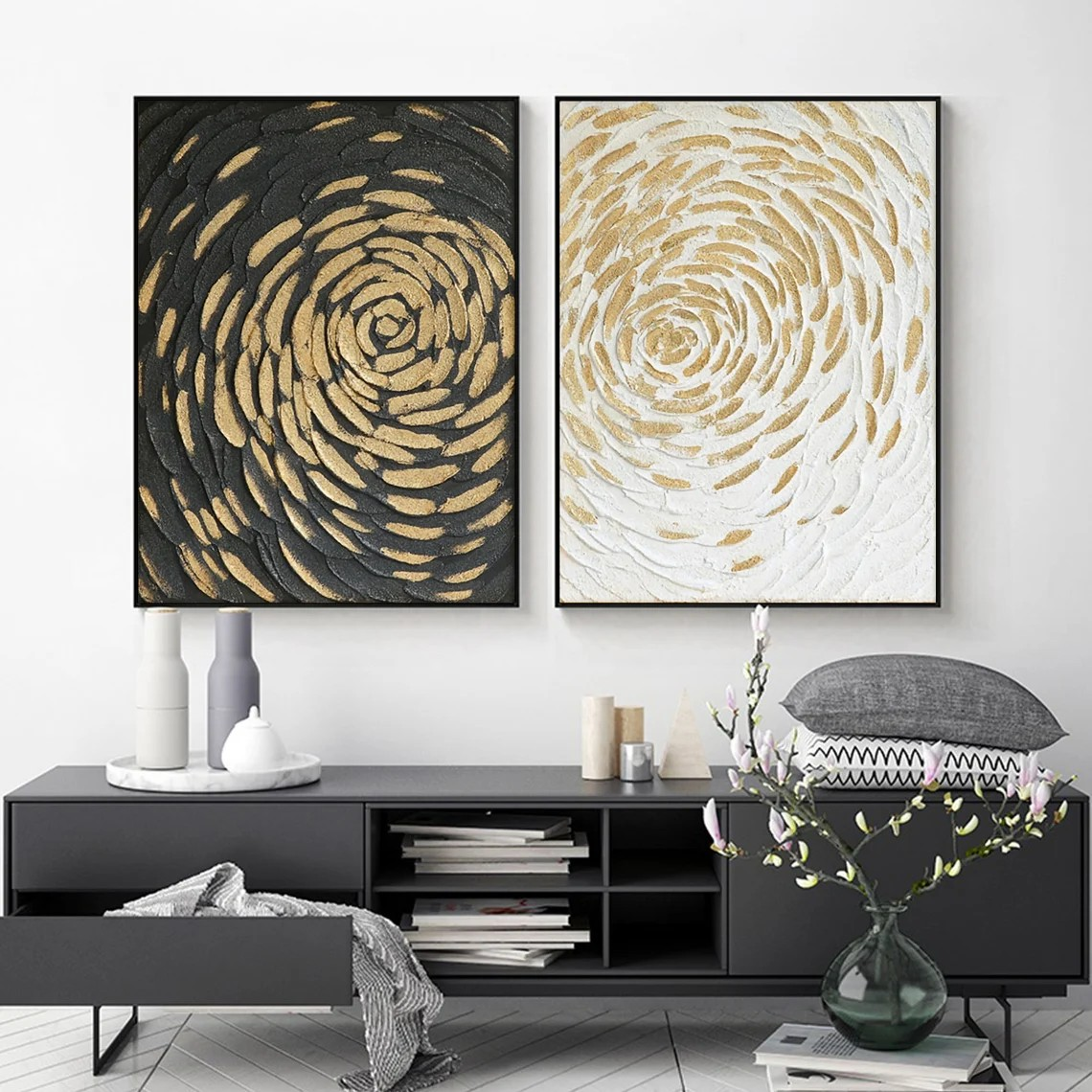 Gold Swirl Textured Abstract Diptych - Black & White Art #JJ 047