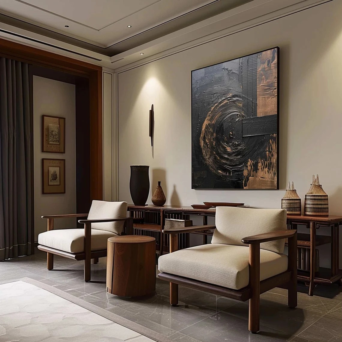 Modern 3D Effect Abstract Oil Painting | Black Theme Large Living Room Decor Artk #TC 024