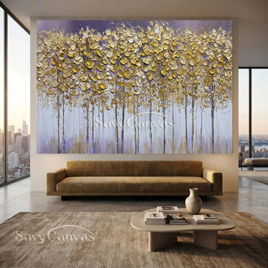 Textured Gold Tree Painting | Large Panoramic Abstract Forest Art #JJ 100