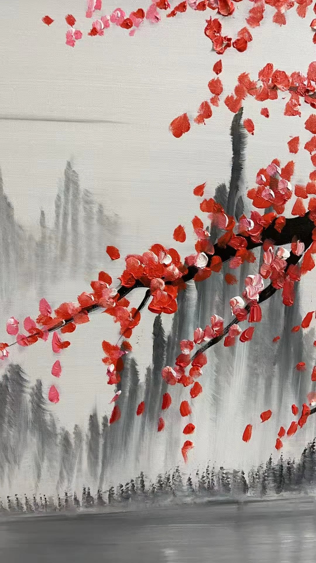 Oriental Style Floral Oil Painting | Red Plum Blossom Canvas Landscape #JJ 300