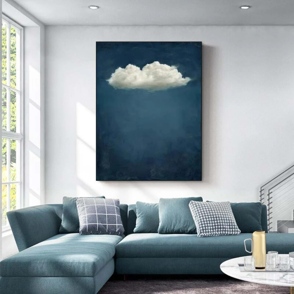 Minimalist Cloud Painting | Handmade Vertical Blue Canvas Art #TC 042