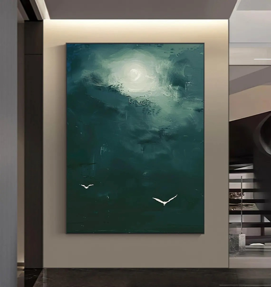 Dark Teal Abstract Oil Painting with Moon and Birds Wall Art  #TC 029