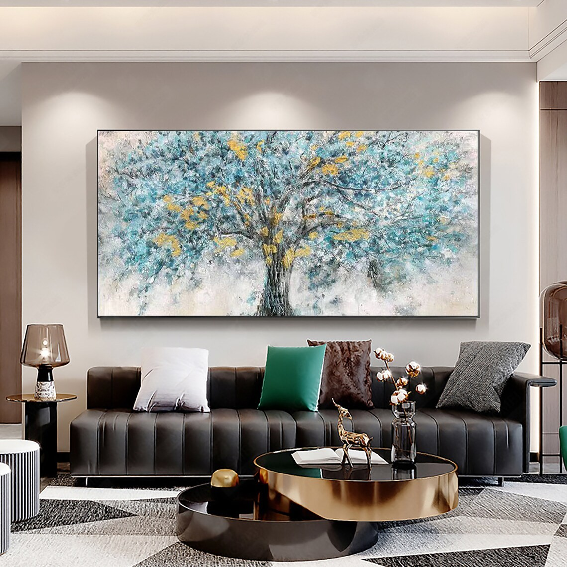 Abstract Tree Oil Painting with Blue & Gold Textured Leaves #JJ 038