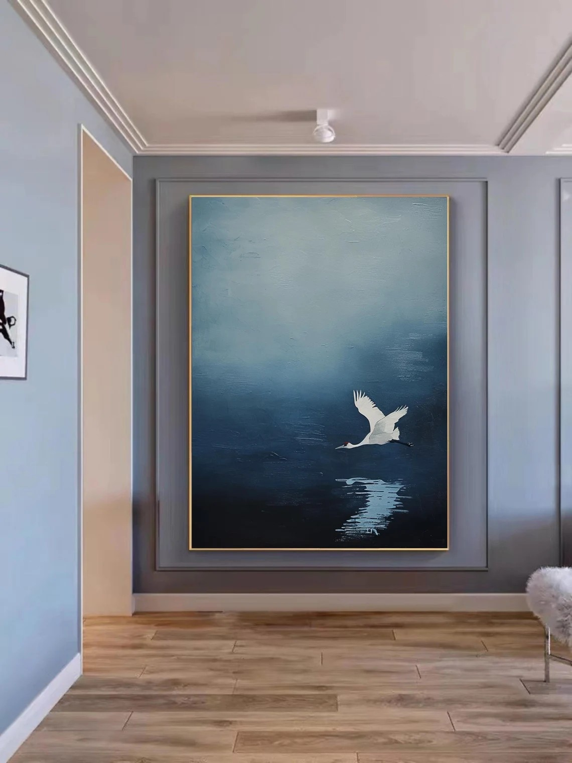 Handmade Blue Abstract Oil Painting with Crane Modern Decor  #TC 030