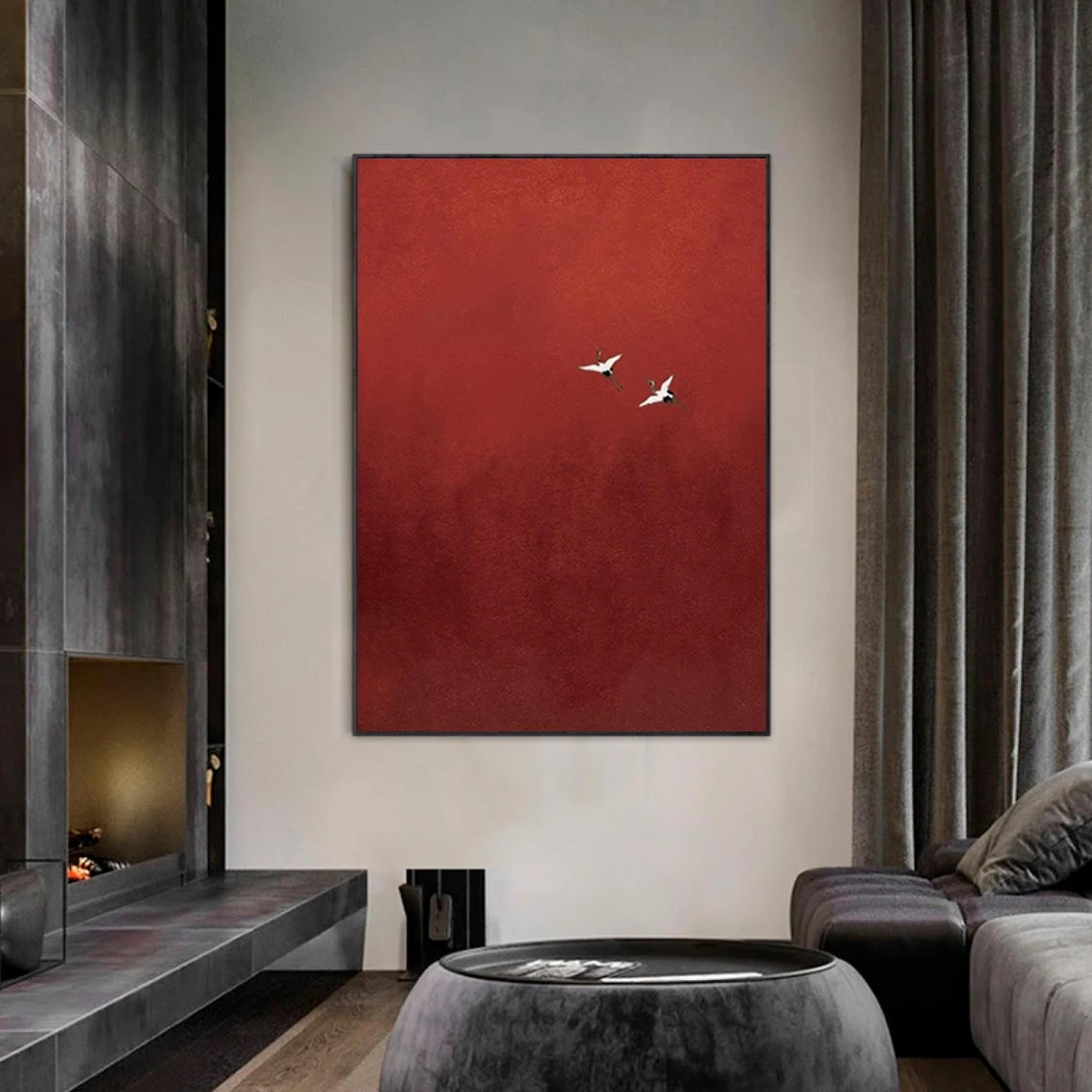 Abstract Red Wall Art with Birds Minimalist Oil Painting Decor