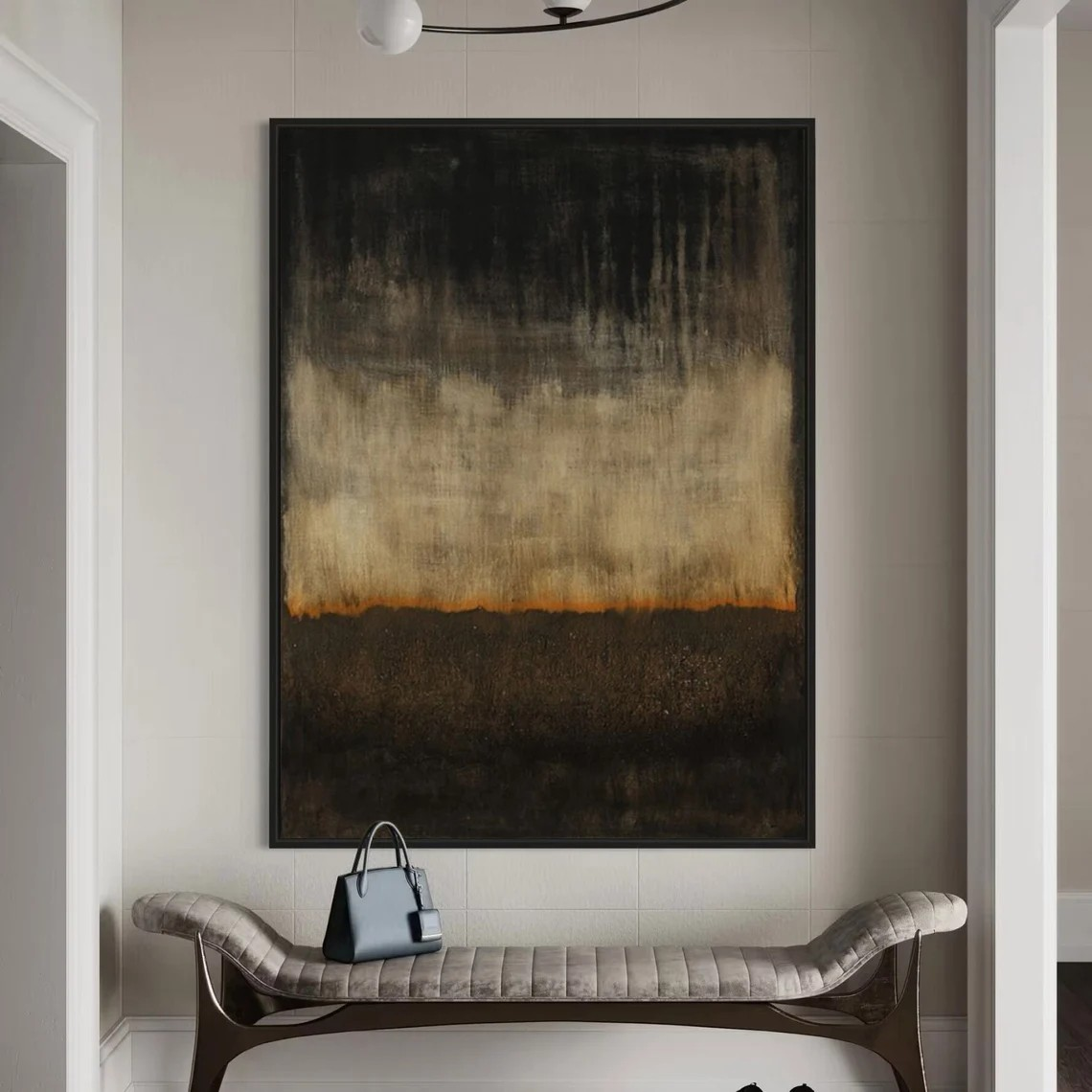 Contemporary Black to Beige Abstract Oil Painting with Orange Horizon Canvas #TC 035