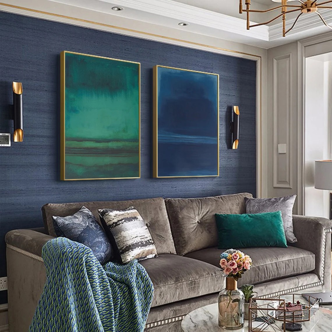 Blue & Green Diptych Abstract Oil Painting | Modern Minimalist Large Wall Art | #TC 023
