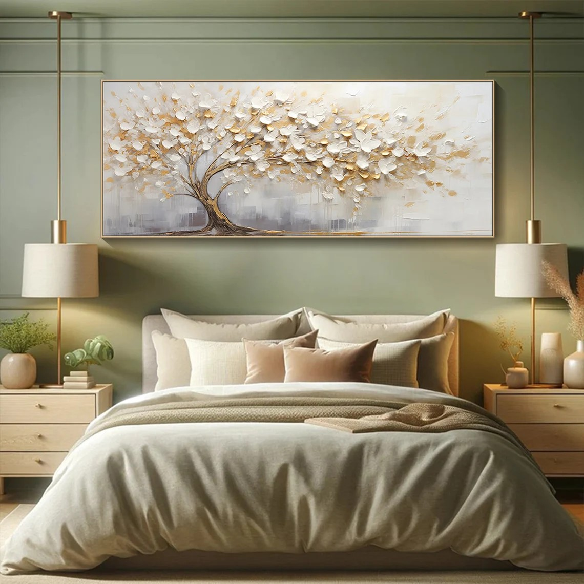 White and Gold Tree Oil Painting, Textured Abstract Wall Art