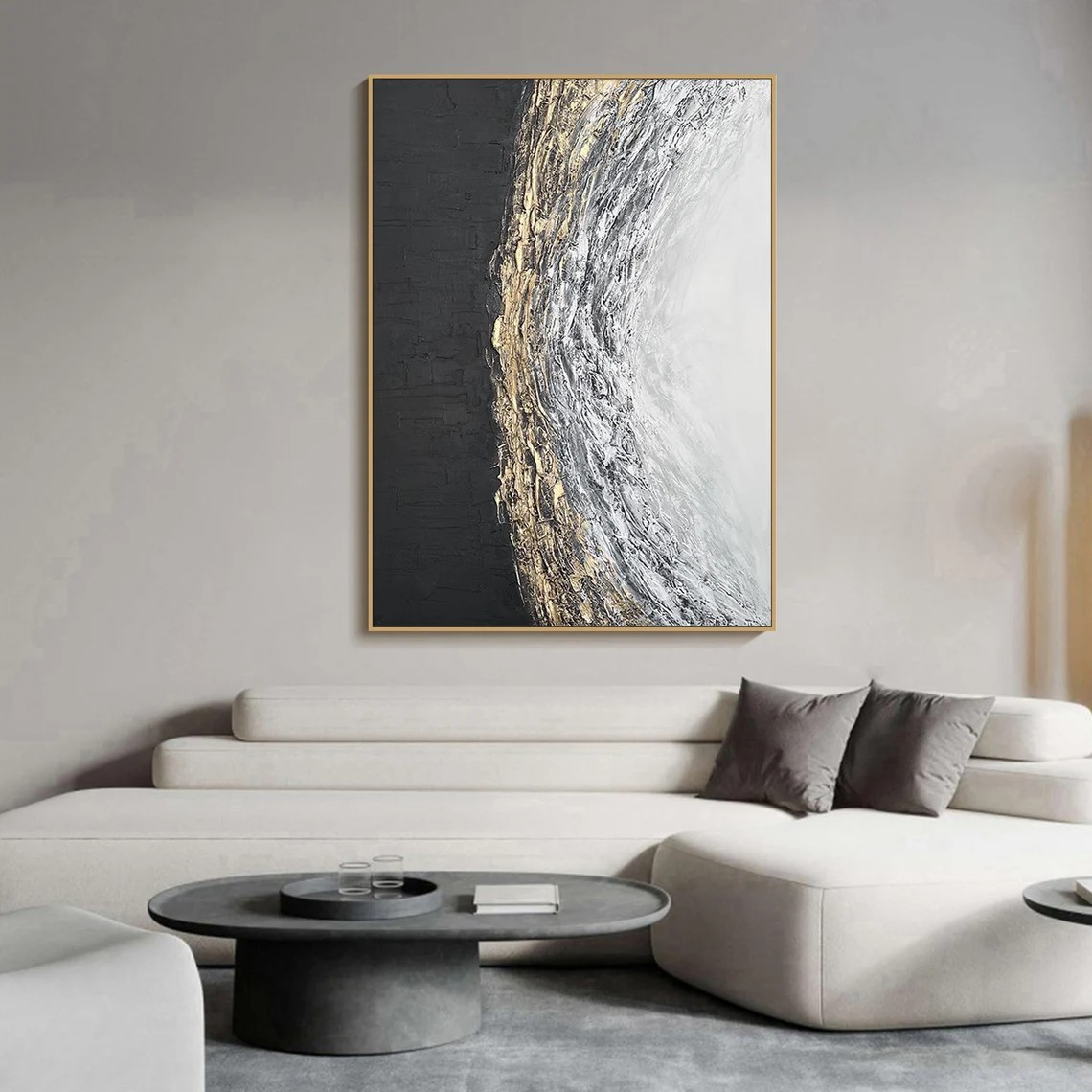 Abstract Black White Gold Oil Painting Modern Wall Art #TC 083