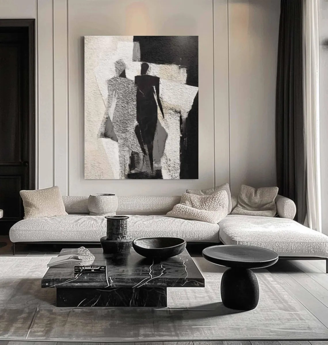 Abstract Figures Art - Black White Textured Wall Painting #TC 053